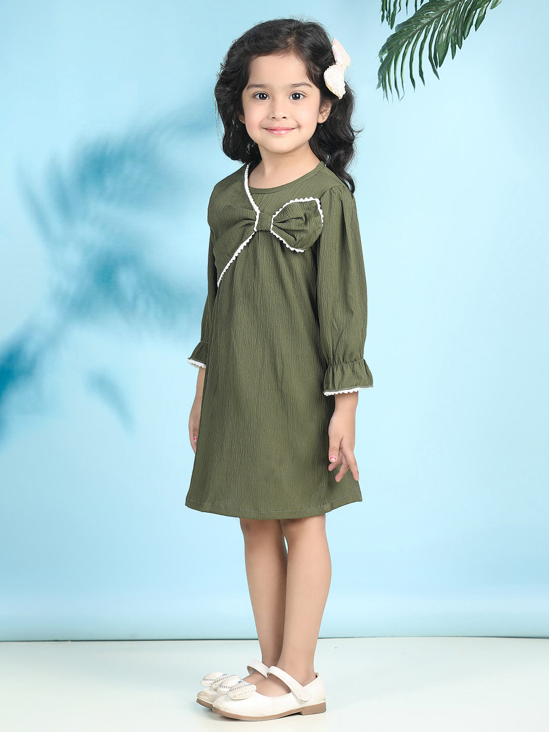 Cutiekins Girls Trendy & Stylish Solid Dress -Olive Green & Off White