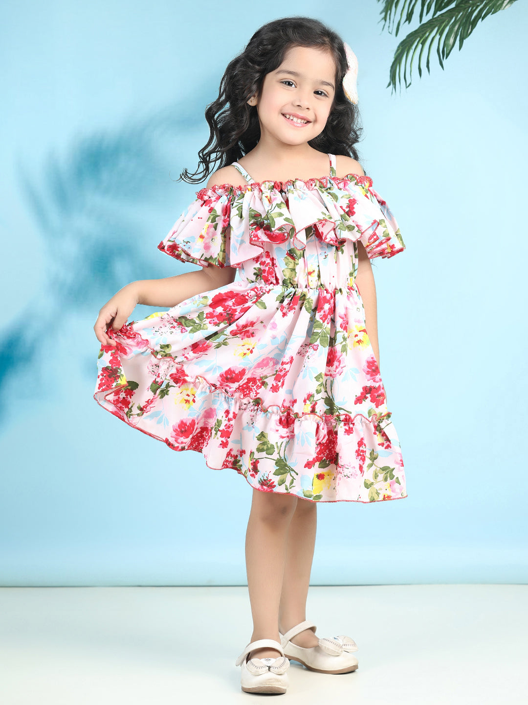 Cutiekins Girls Trendy & Stylish Floral Printed Dress -Off White & Multi