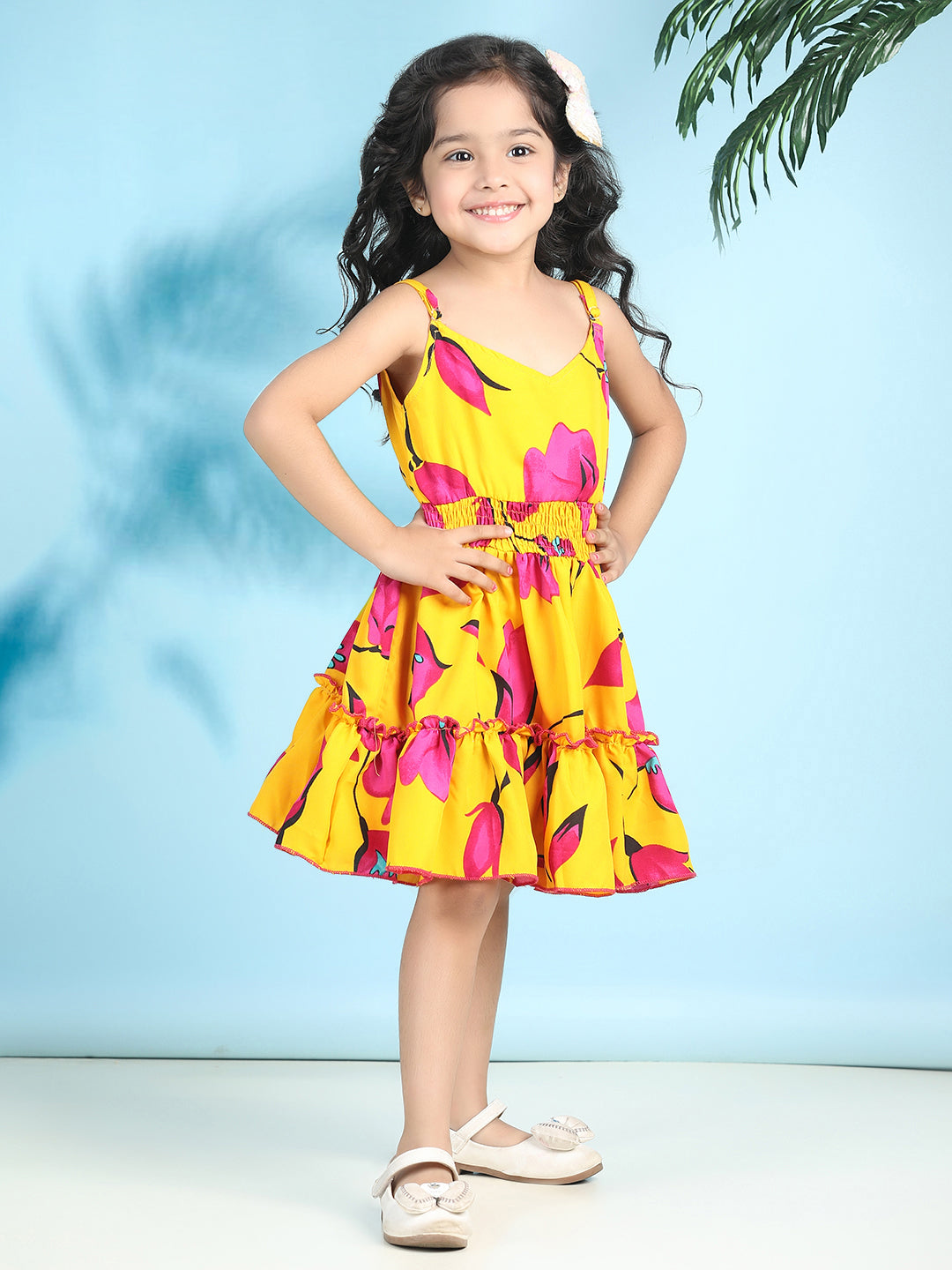 Cutiekins Girls Trendy & Stylish Floral Printed Dress -Yellow & Pink