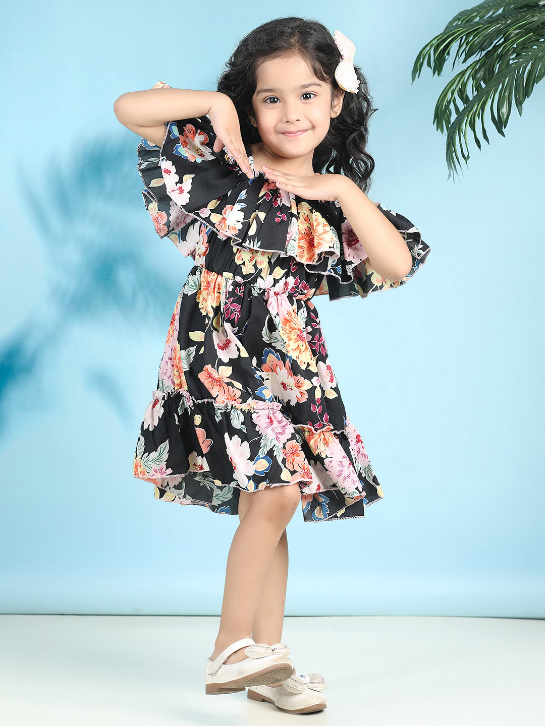 Cutiekins Girls Trendy & Stylish Floral Printed Dress -Black & Multi