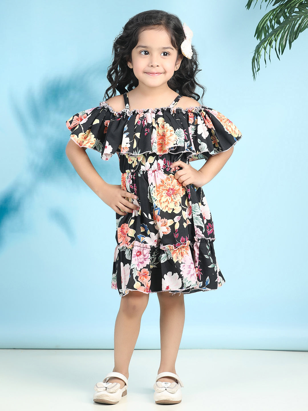 Cutiekins Girls Trendy & Stylish Floral Printed Dress -Black & Multi