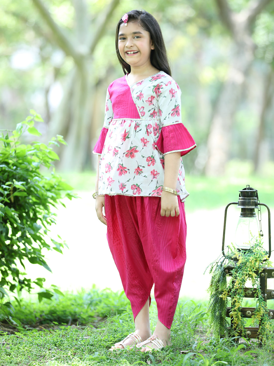 Cutiekins Ethnic Motif Printed Peplum Kurta & Dhoti Set-Pink & White