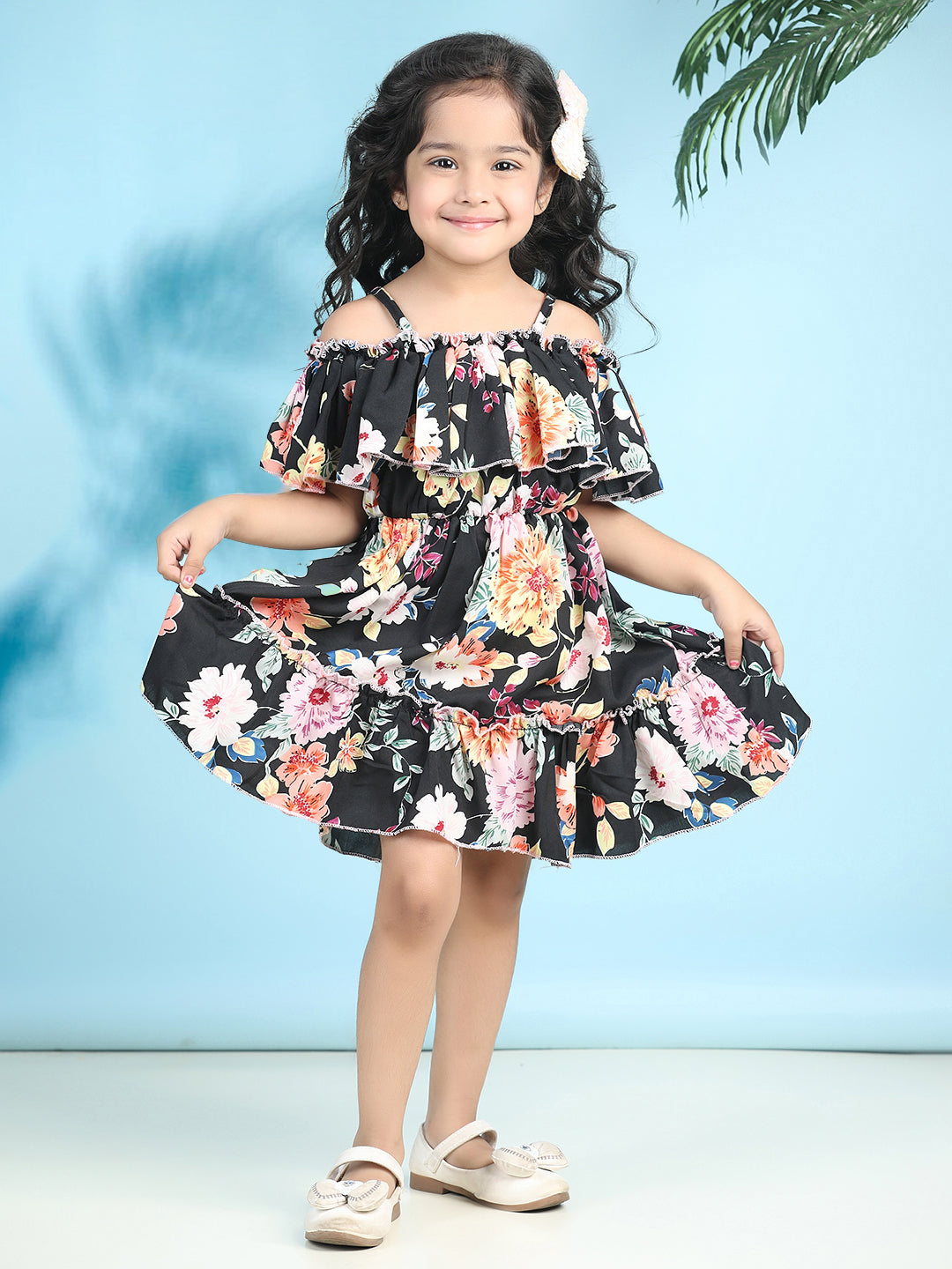 Cutiekins Girls Trendy & Stylish Floral Printed Dress -Black & Multi