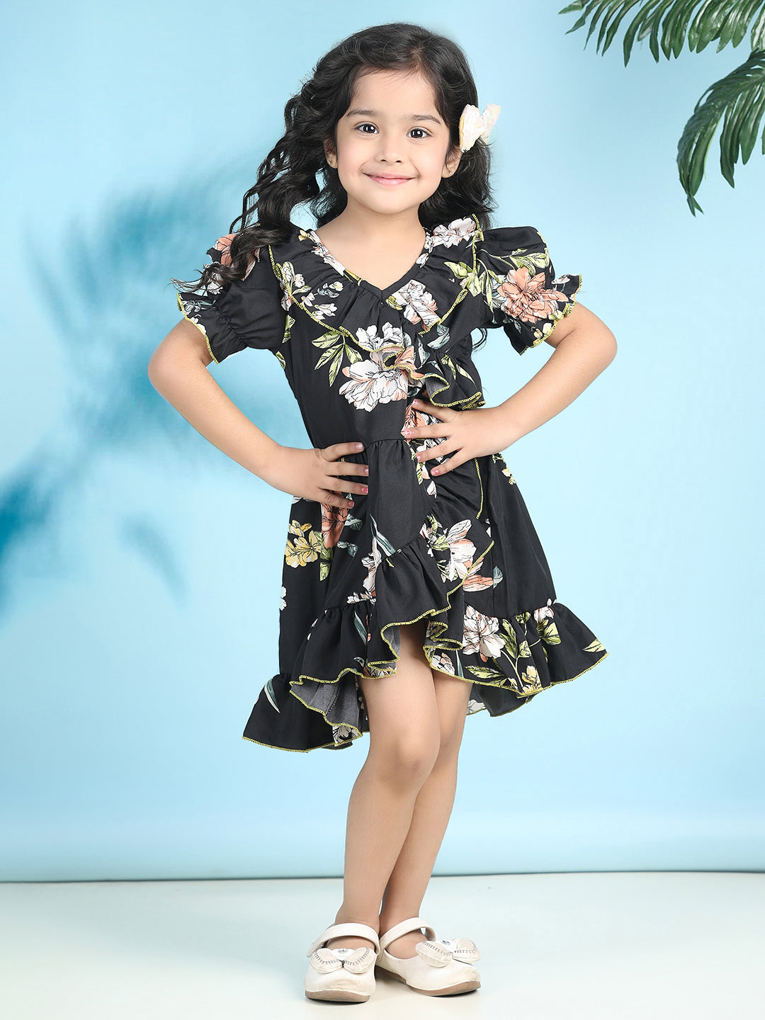 Cutiekins Girls Trendy & Stylish Floral Printed Dress -Black & Multi