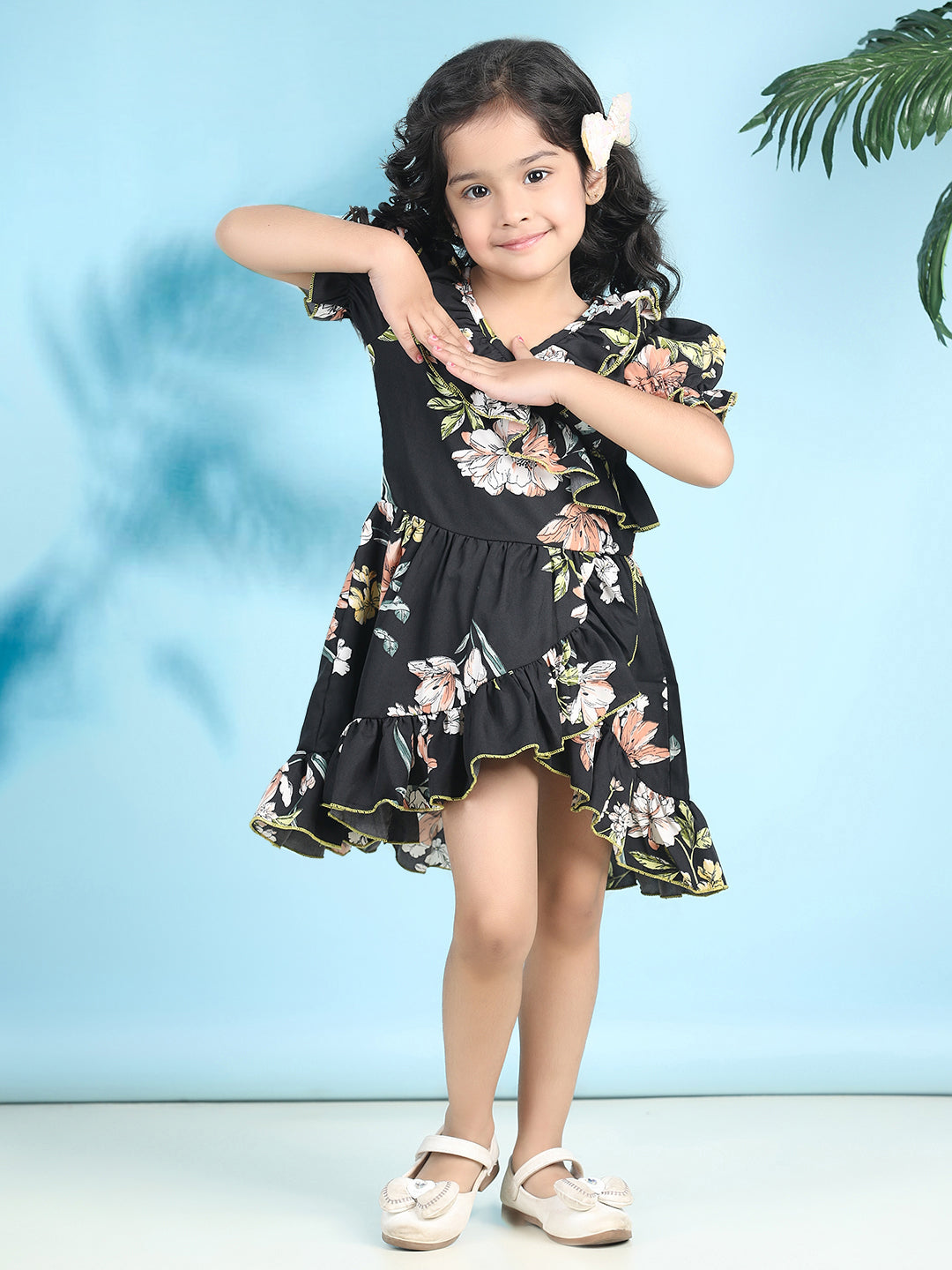 Cutiekins Girls Trendy & Stylish Floral Printed Dress -Black & Multi