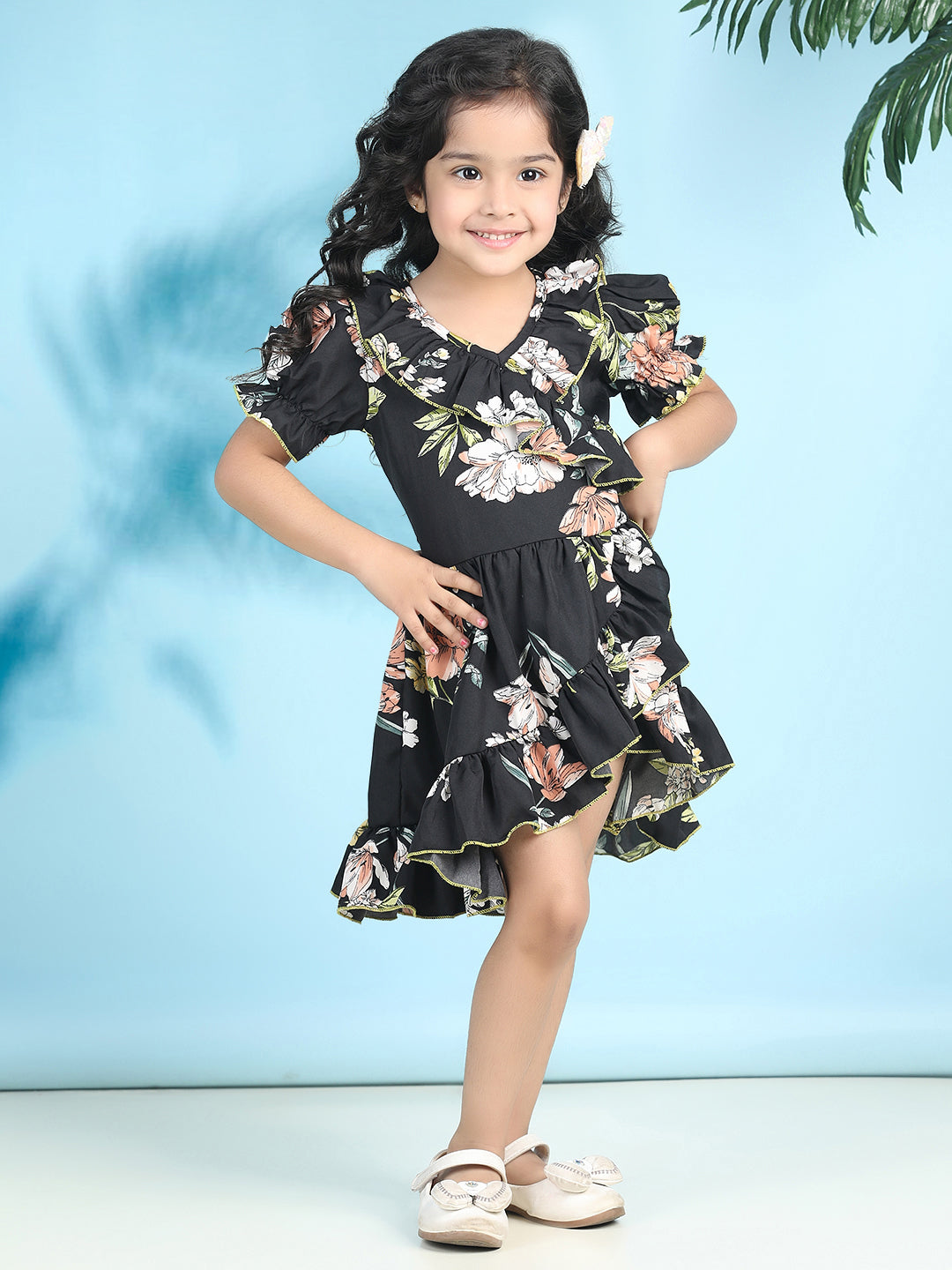 Cutiekins Girls Trendy & Stylish Floral Printed Dress -Black & Multi