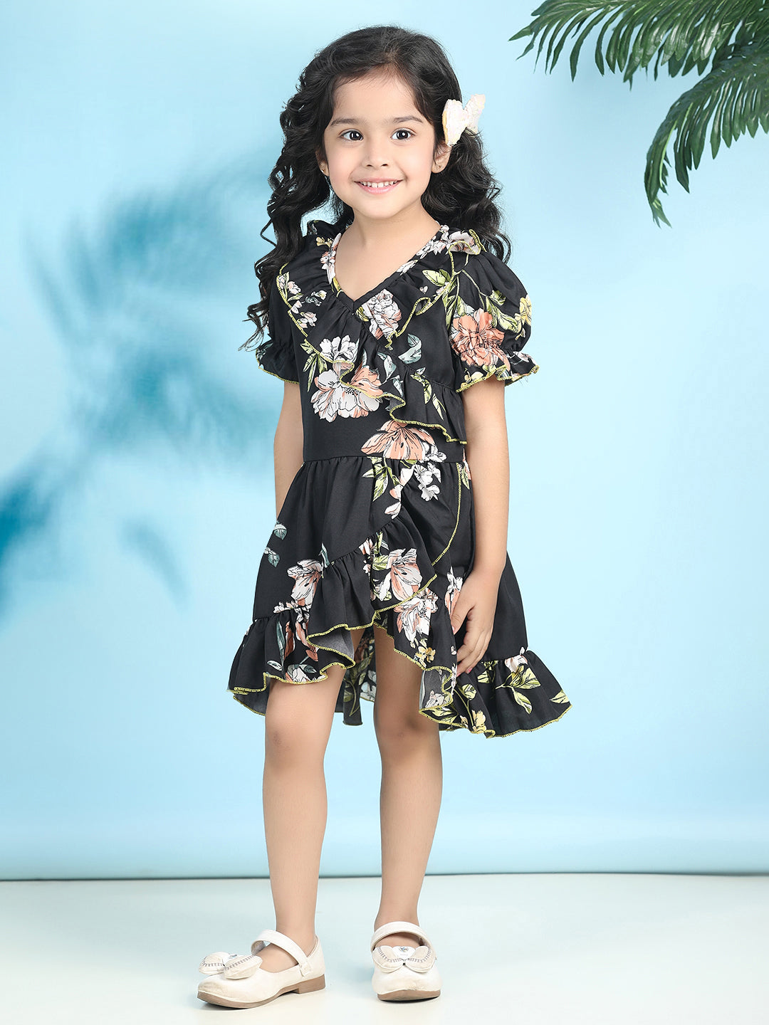 Cutiekins Girls Trendy & Stylish Floral Printed Dress -Black & Multi