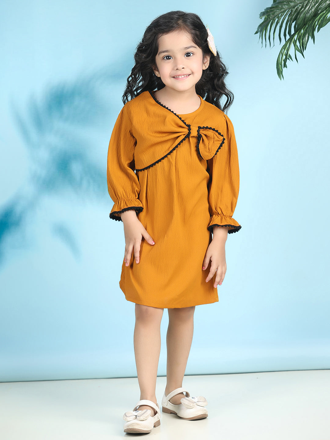 Cutiekins Girls Trendy & Stylish Solid Dress -Mustard & Off White