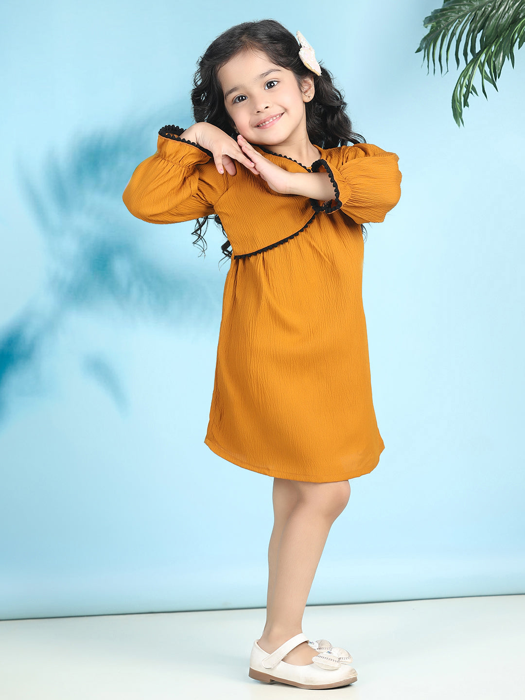 Cutiekins Girls Trendy & Stylish Solid Dress -Mustard & Off White