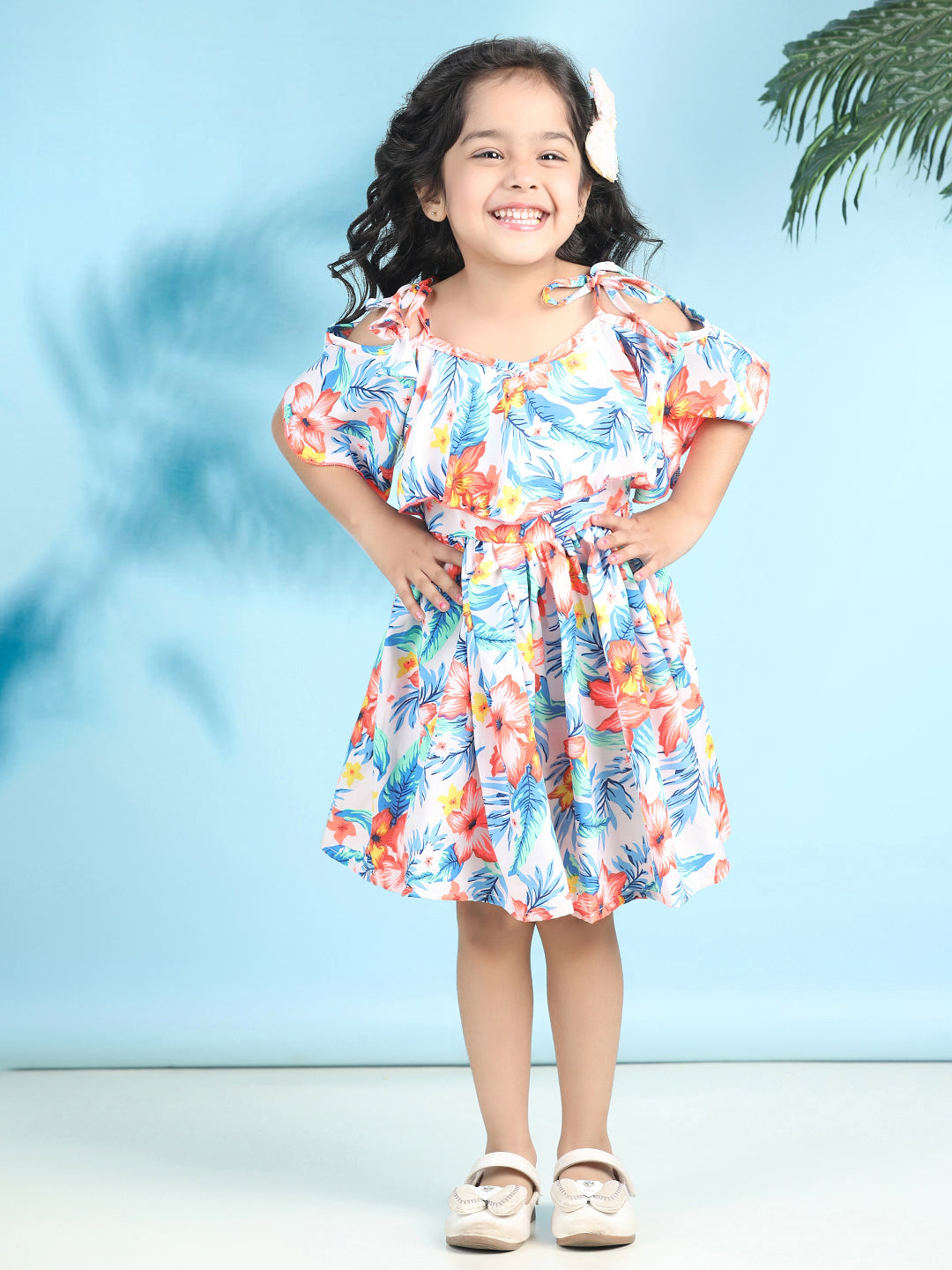 Cutiekins Girls Trendy & Stylish Floral Printed Dress -Off White & Blue