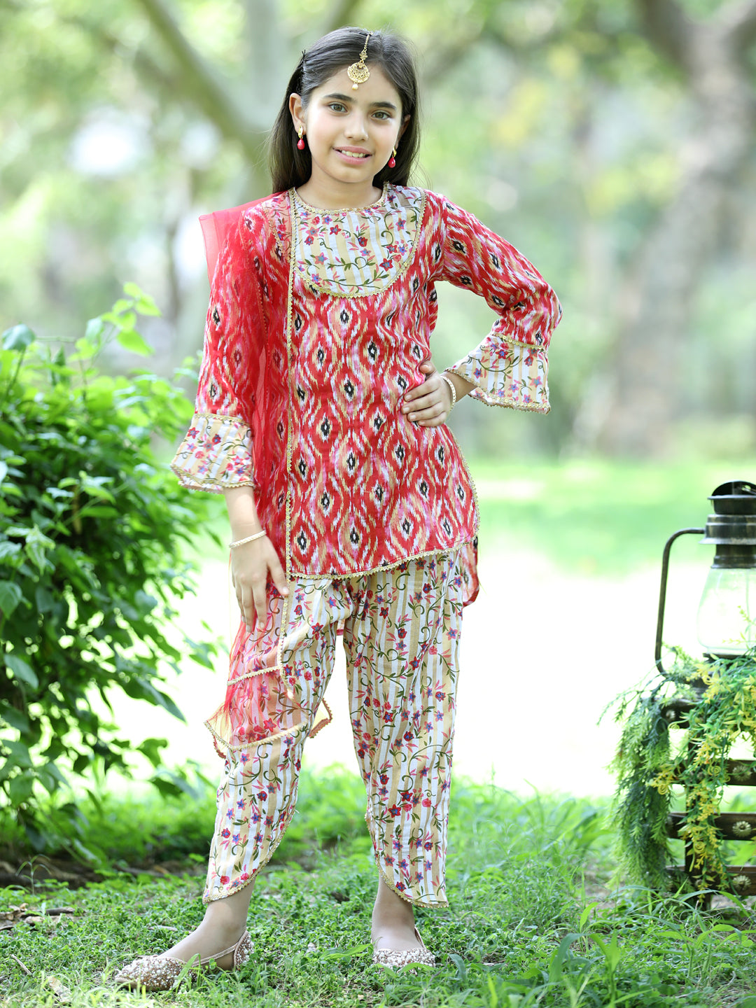 Cutiekins Ethnic Motif Printed Kurta,Pencil Pant & Dupatta Set- Red & Cream