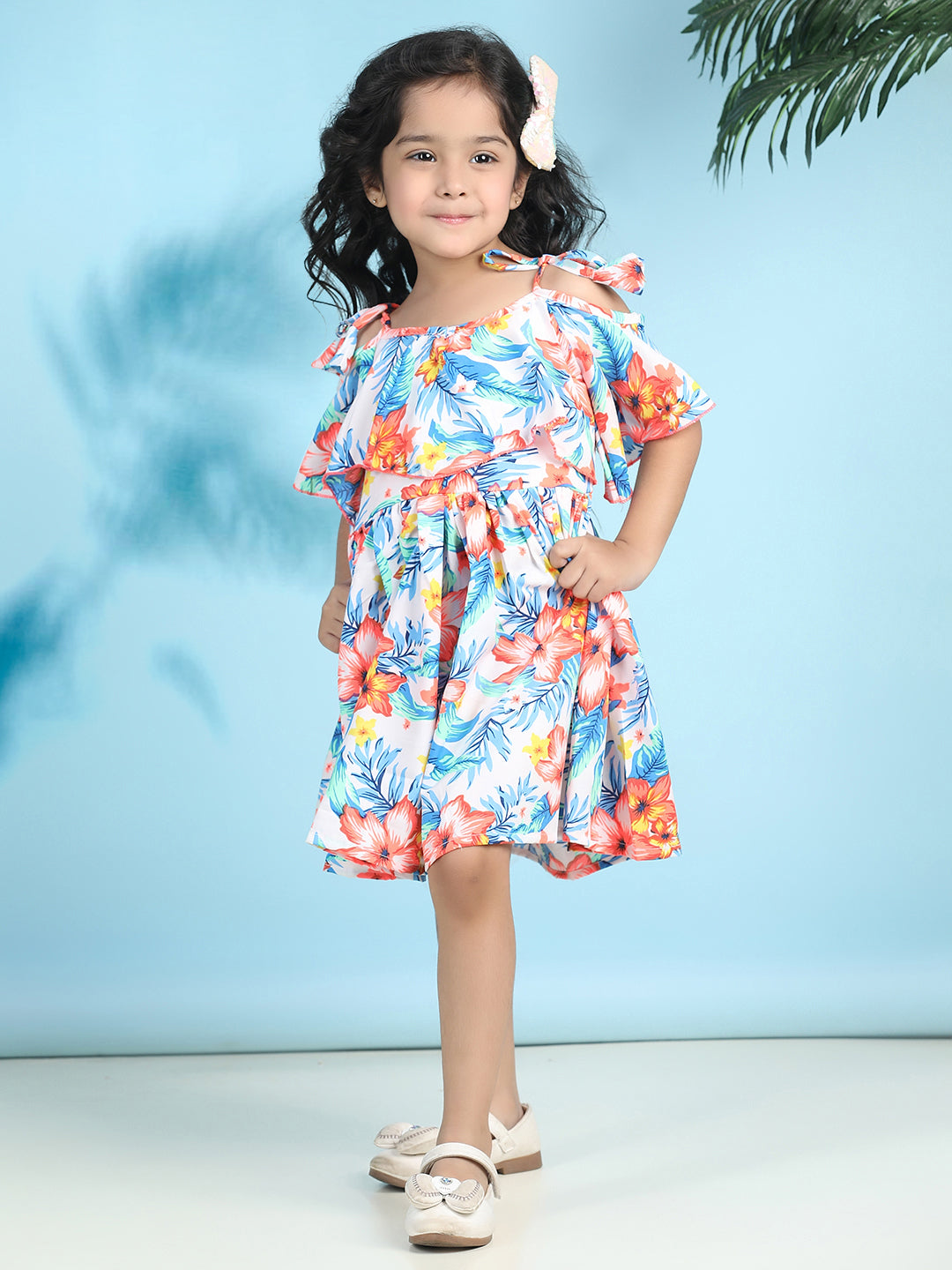 Cutiekins Girls Trendy & Stylish Floral Printed Dress -Off White & Blue