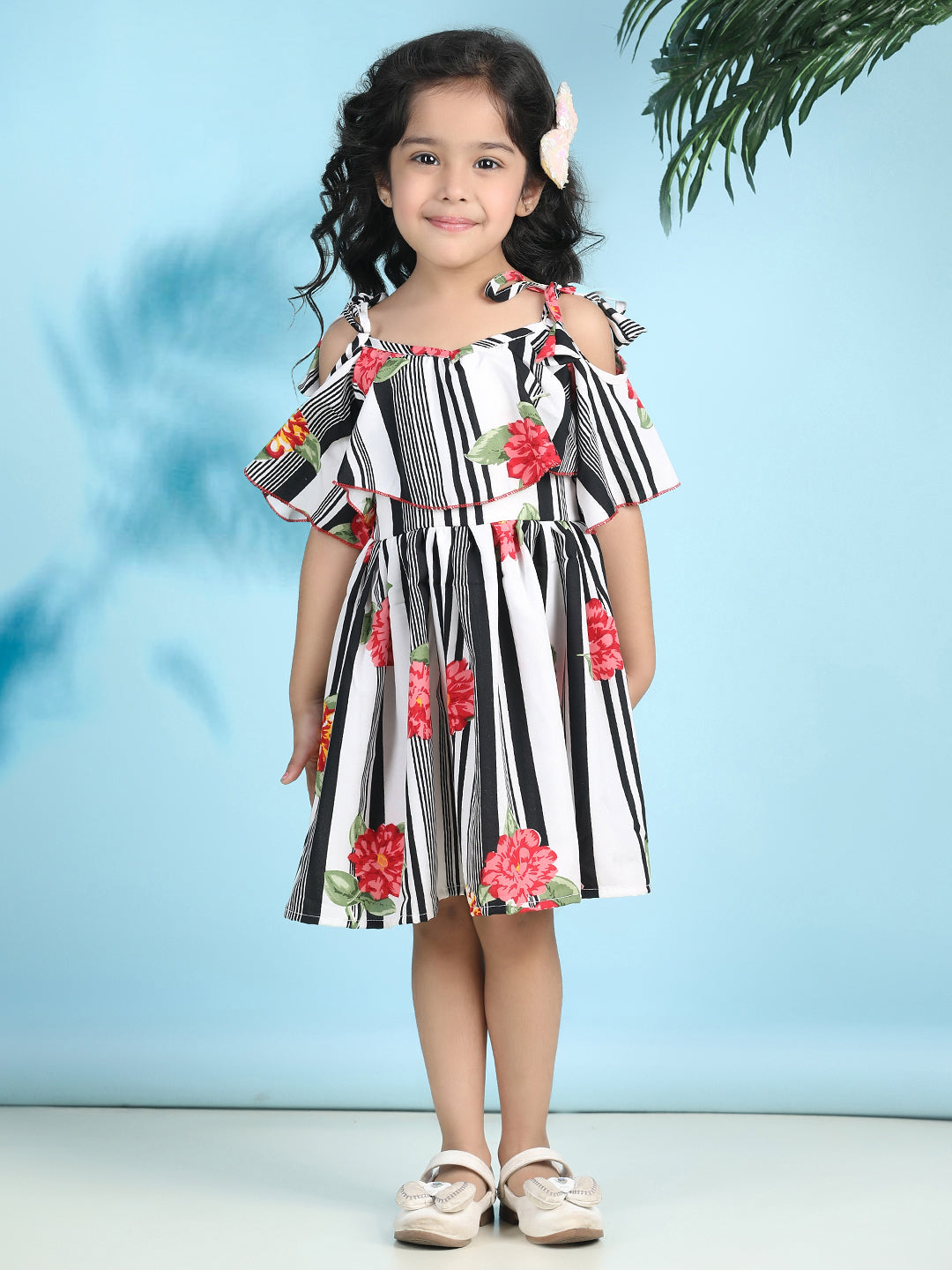 Cutiekins Girls Trendy & Stylish Floral Printed Dress -Off White & Black