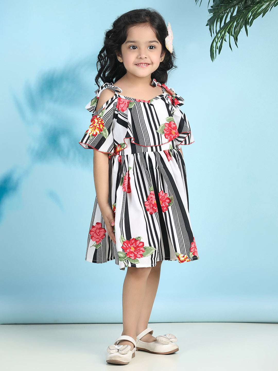 Cutiekins Girls Trendy & Stylish Floral Printed Dress -Off White & Black