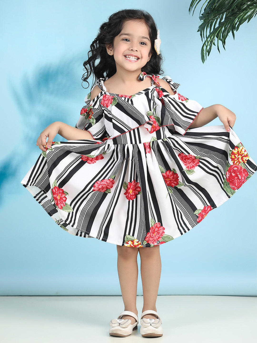 Cutiekins Girls Trendy & Stylish Floral Printed Dress -Off White & Black