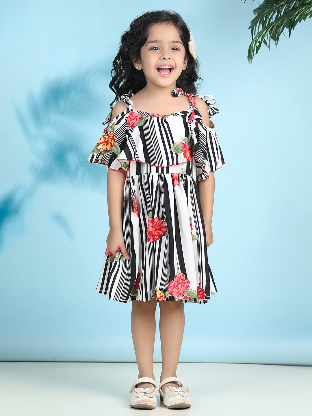 Cutiekins Girls Trendy & Stylish Floral Printed Dress -Off White & Black