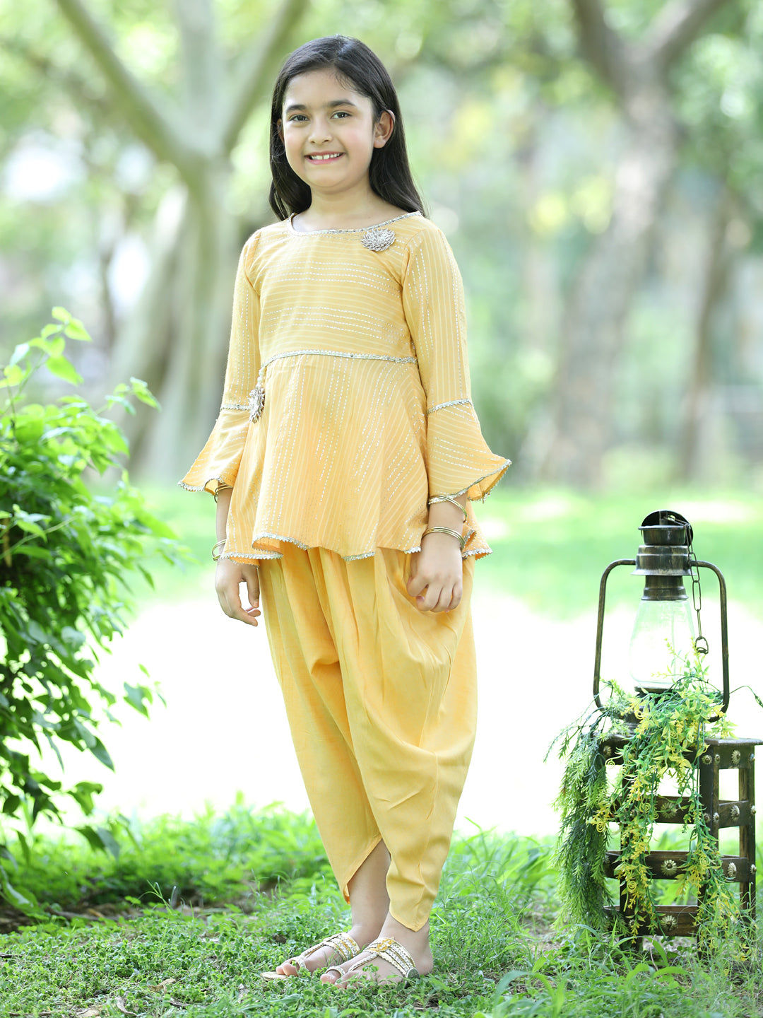 Cutiekins Ethnic Motif Printed Peplum Kurta & Dhoti Set-Mustard & Gold