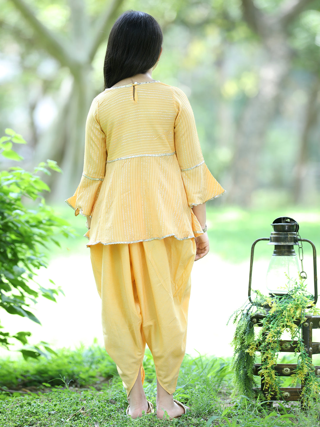 Cutiekins Ethnic Motif Printed Peplum Kurta & Dhoti Set-Mustard & Gold