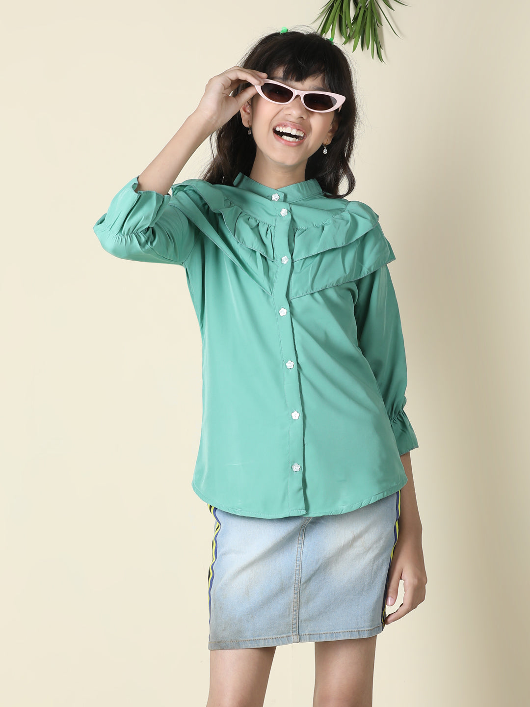 Cutiekins Girls Shirt Style Solid Embellished Top -Sea Green