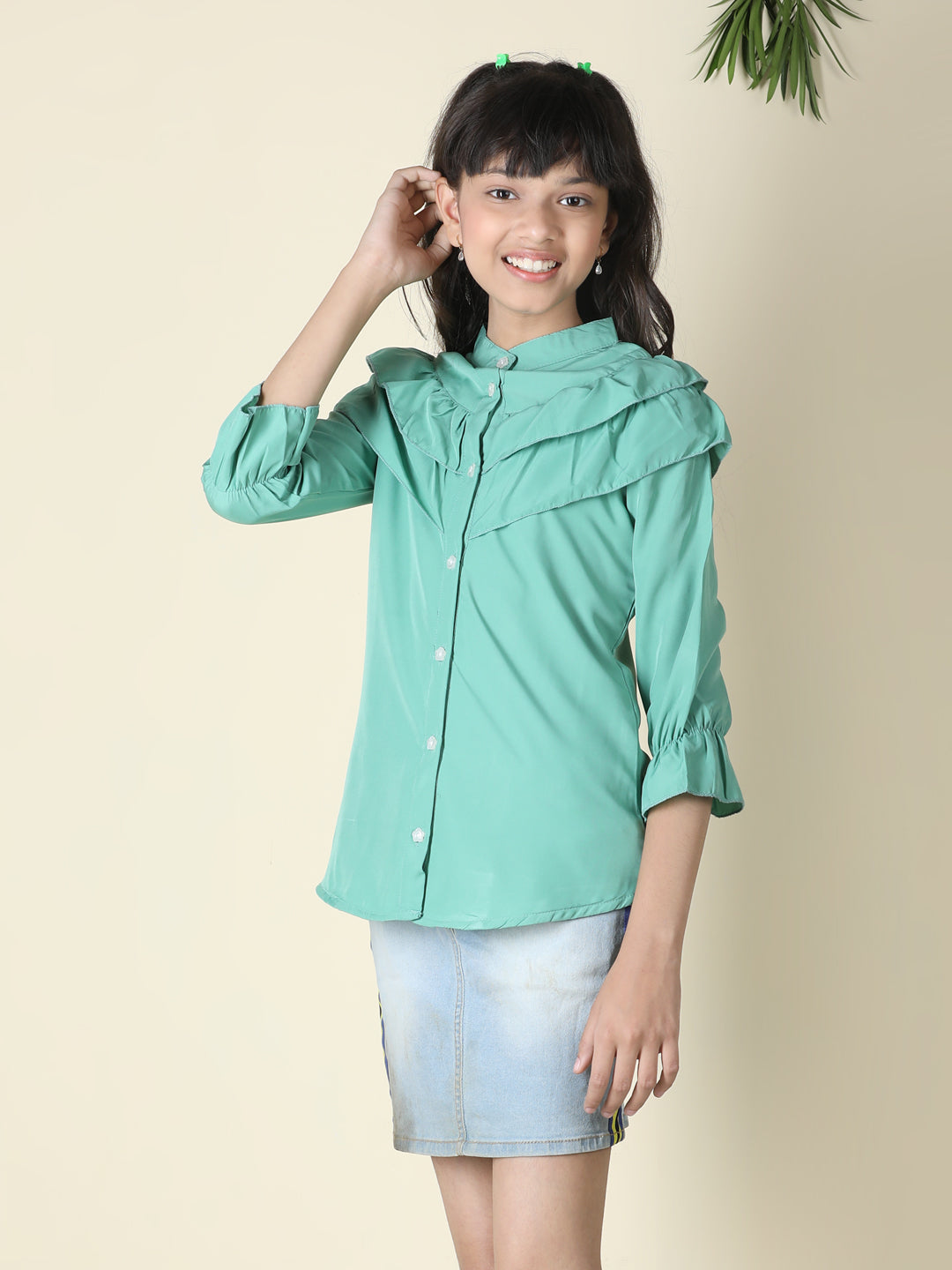 Cutiekins Girls Shirt Style Solid Embellished Top -Sea Green