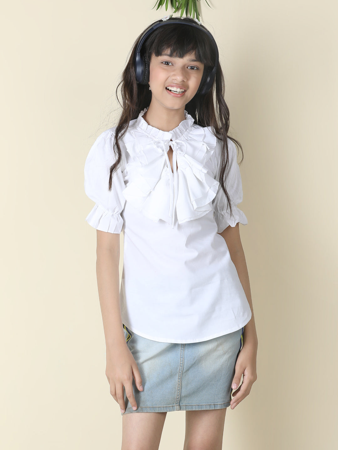 Cutiekins Girls Tie-Up Neck Solid Embellished Top -White