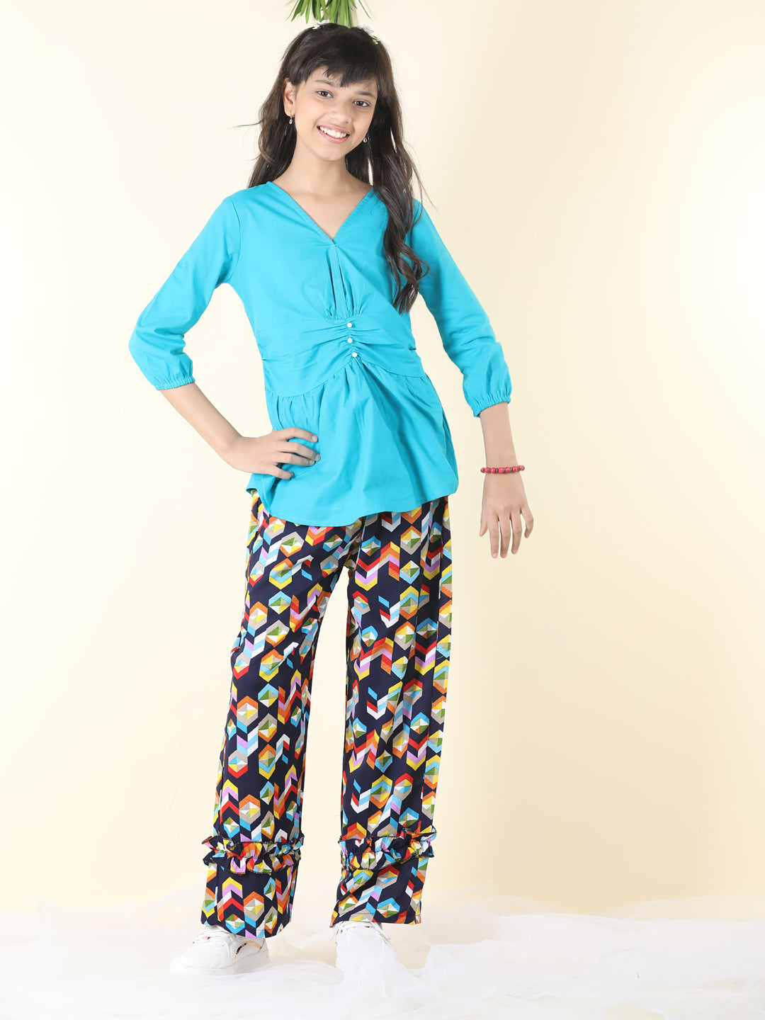 Cutiekins Girls Solid Embellished Top With Printed Palazzo -Teal Blue & Multi