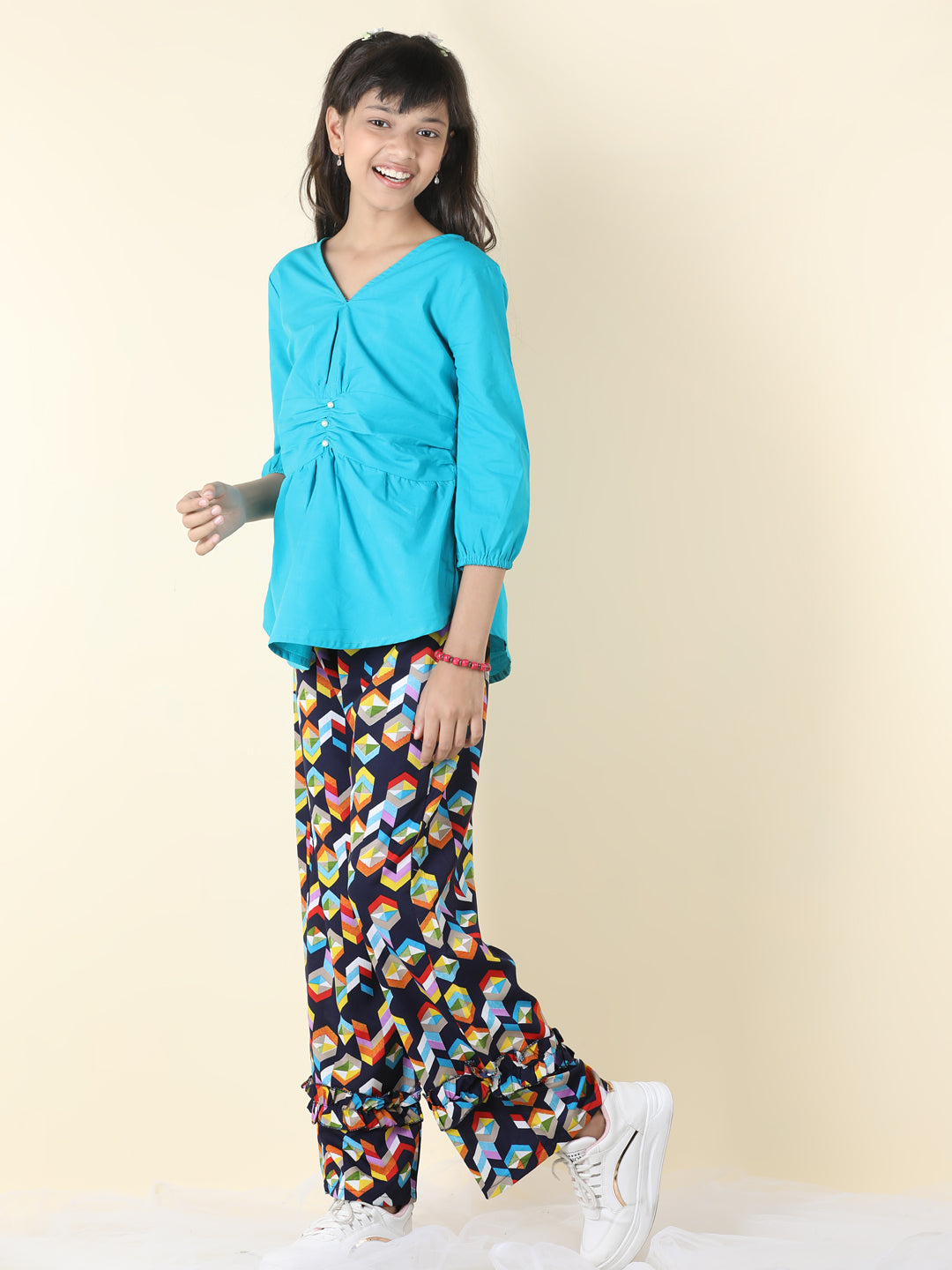 Cutiekins Girls Solid Embellished Top With Printed Palazzo -Teal Blue & Multi
