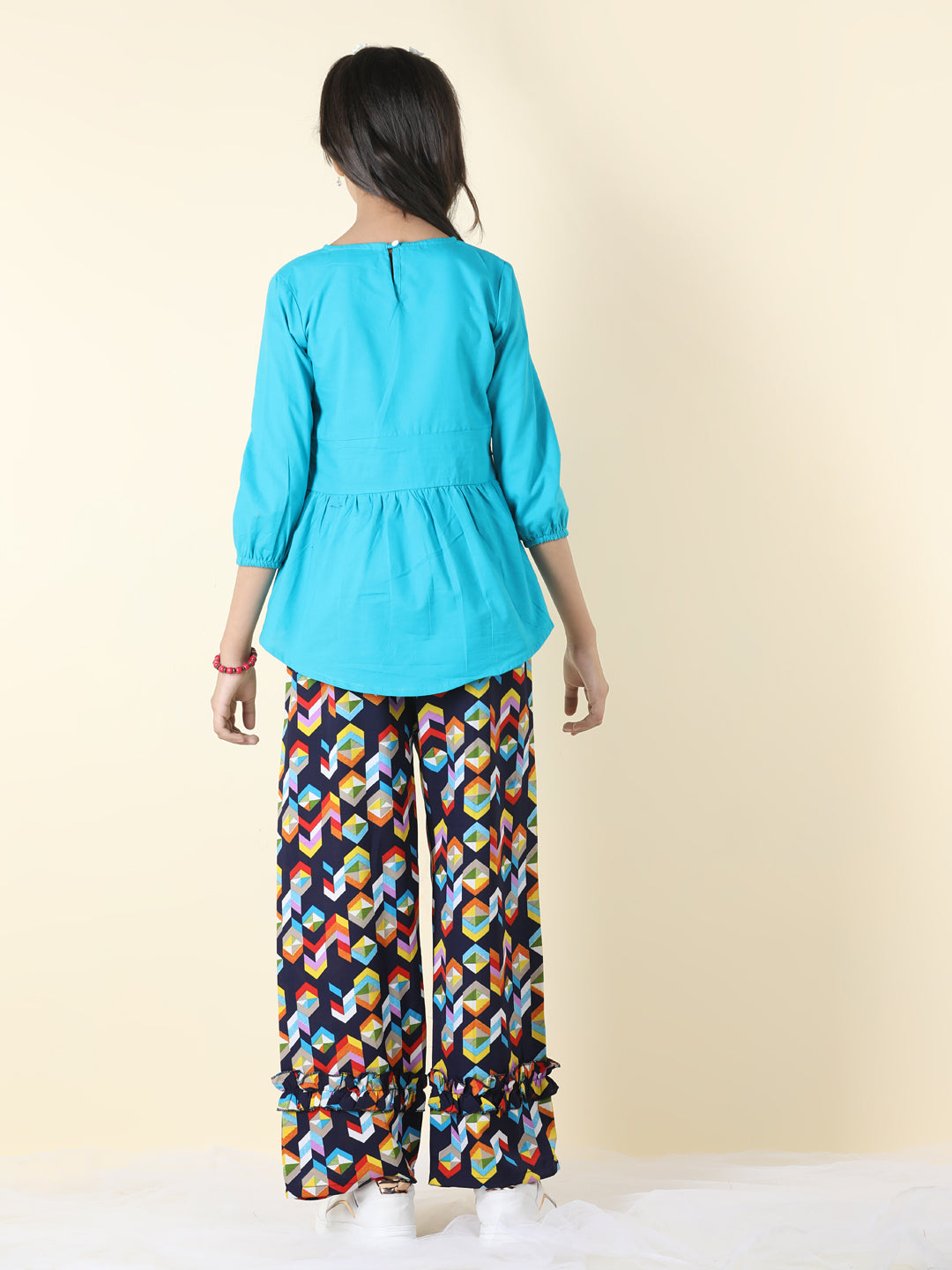 Cutiekins Girls Solid Embellished Top With Printed Palazzo -Teal Blue & Multi