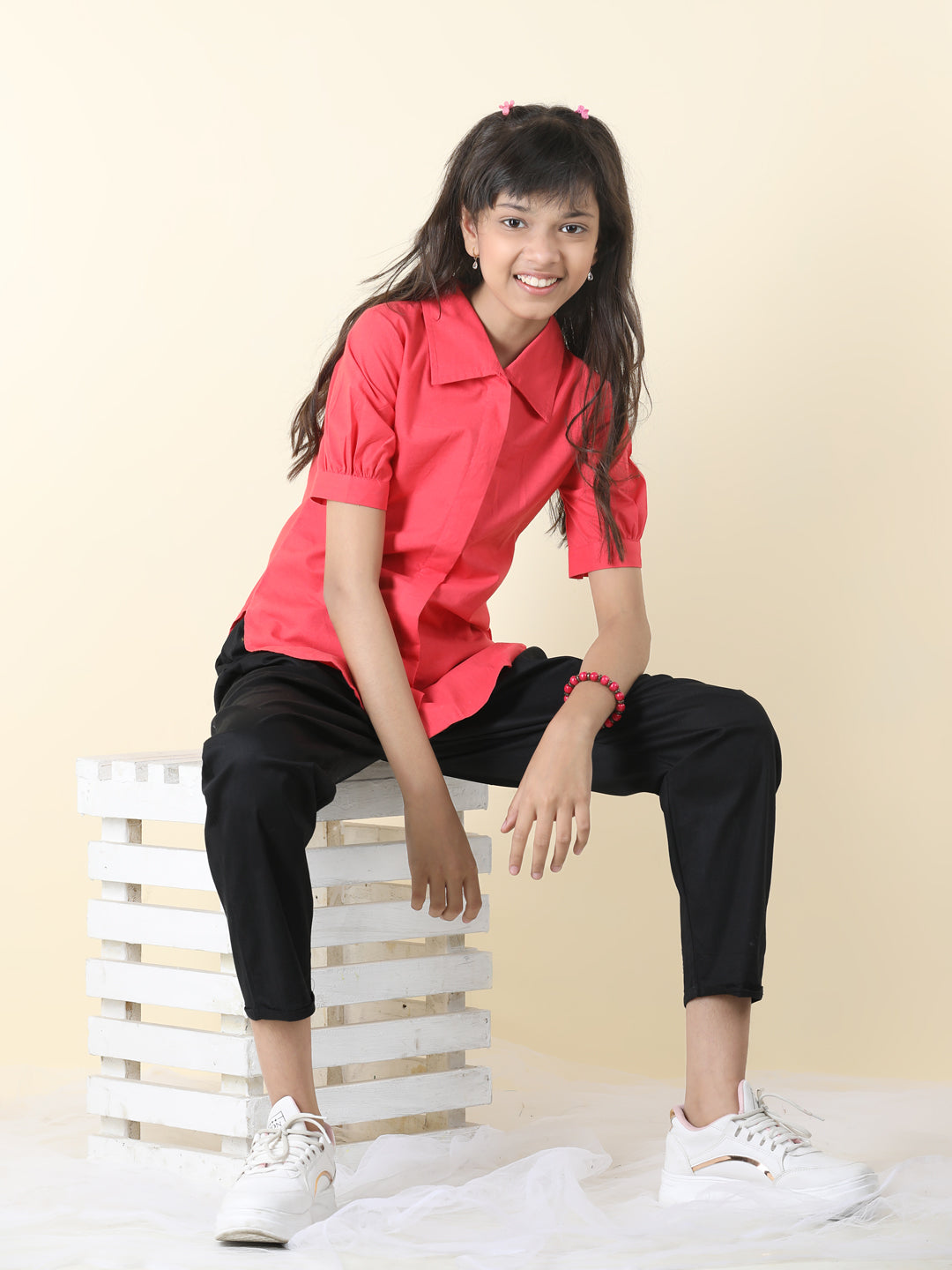 Cutiekins Girls Shirt Style Solid Top With Solid Trouser -Coral & Black