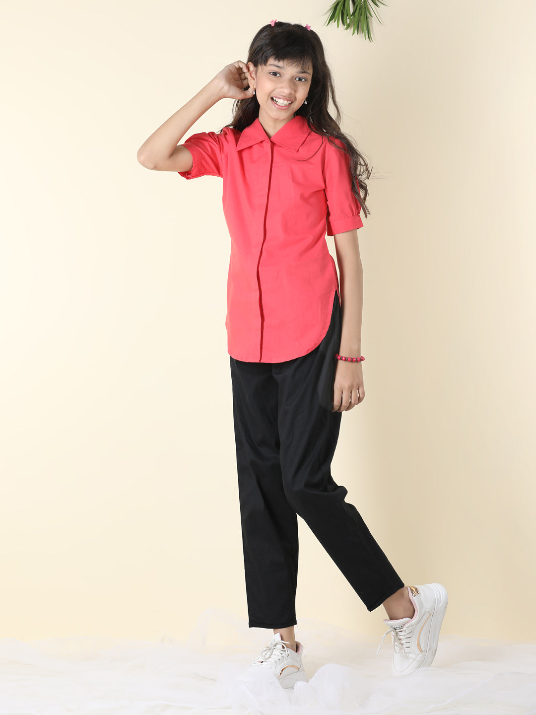 Cutiekins Girls Shirt Style Solid Top With Solid Trouser -Coral & Black