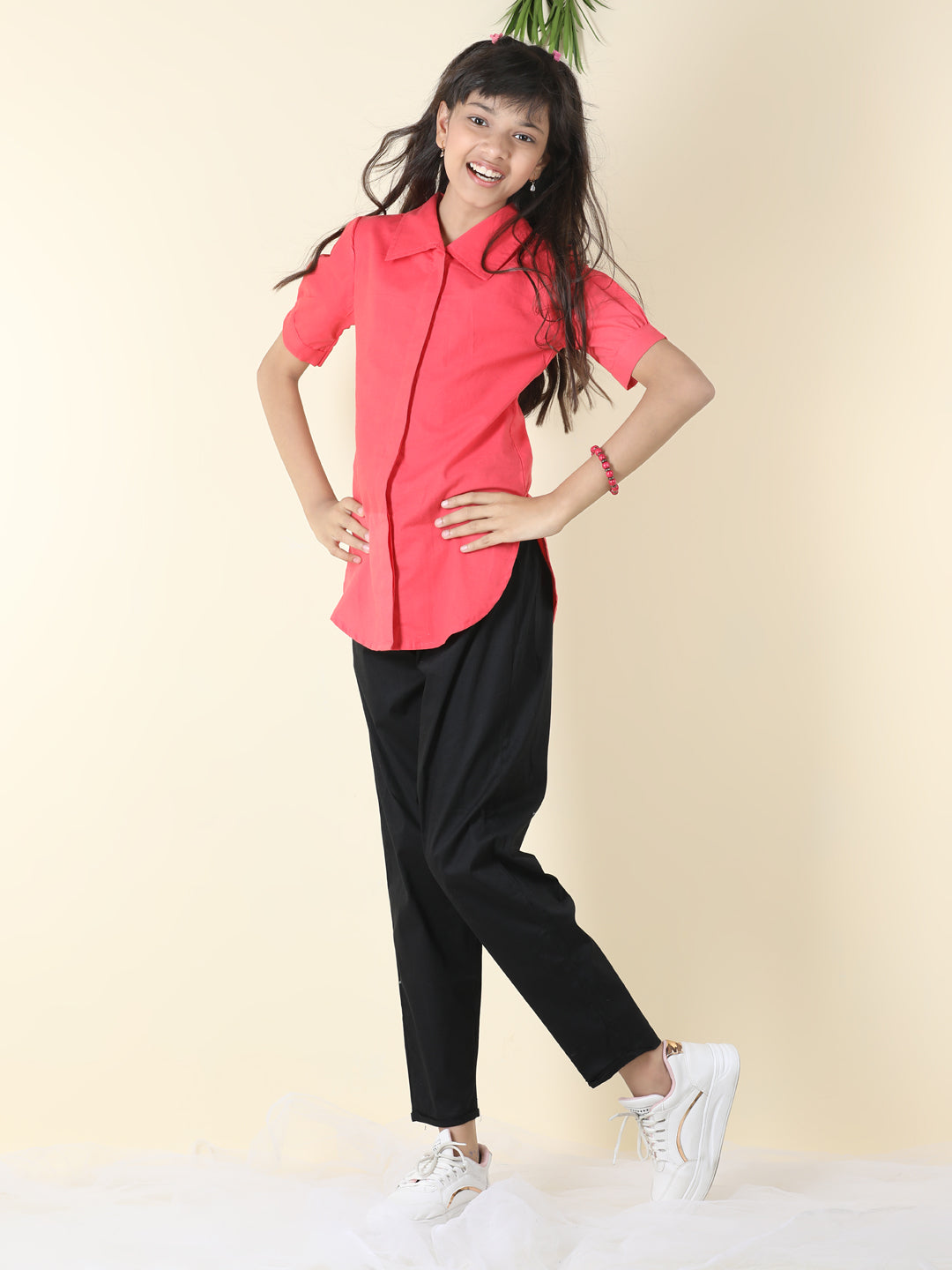 Cutiekins Girls Shirt Style Solid Top With Solid Trouser -Coral & Black