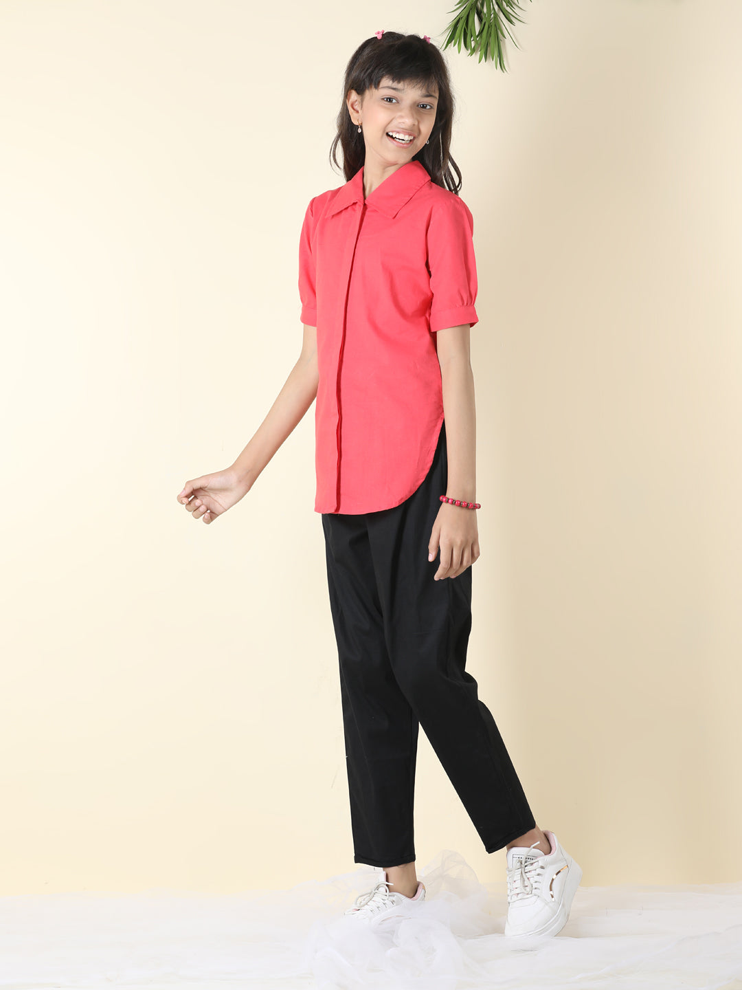 Cutiekins Girls Shirt Style Solid Top With Solid Trouser -Coral & Black