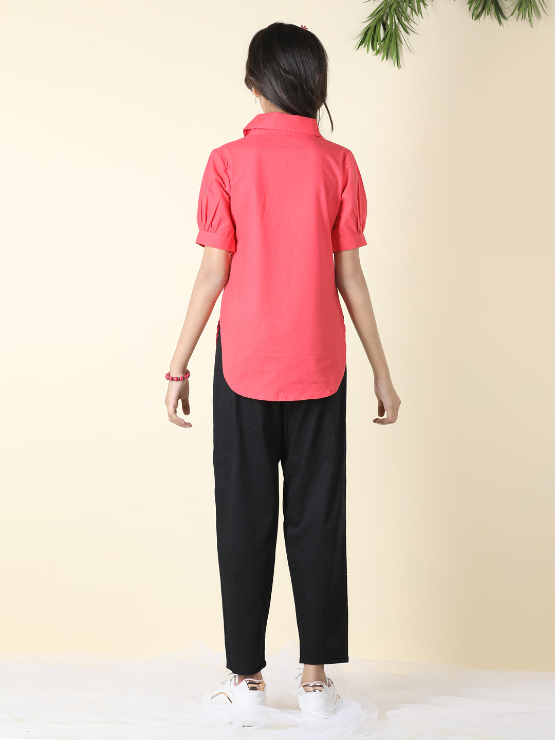 Cutiekins Girls Shirt Style Solid Top With Solid Trouser -Coral & Black