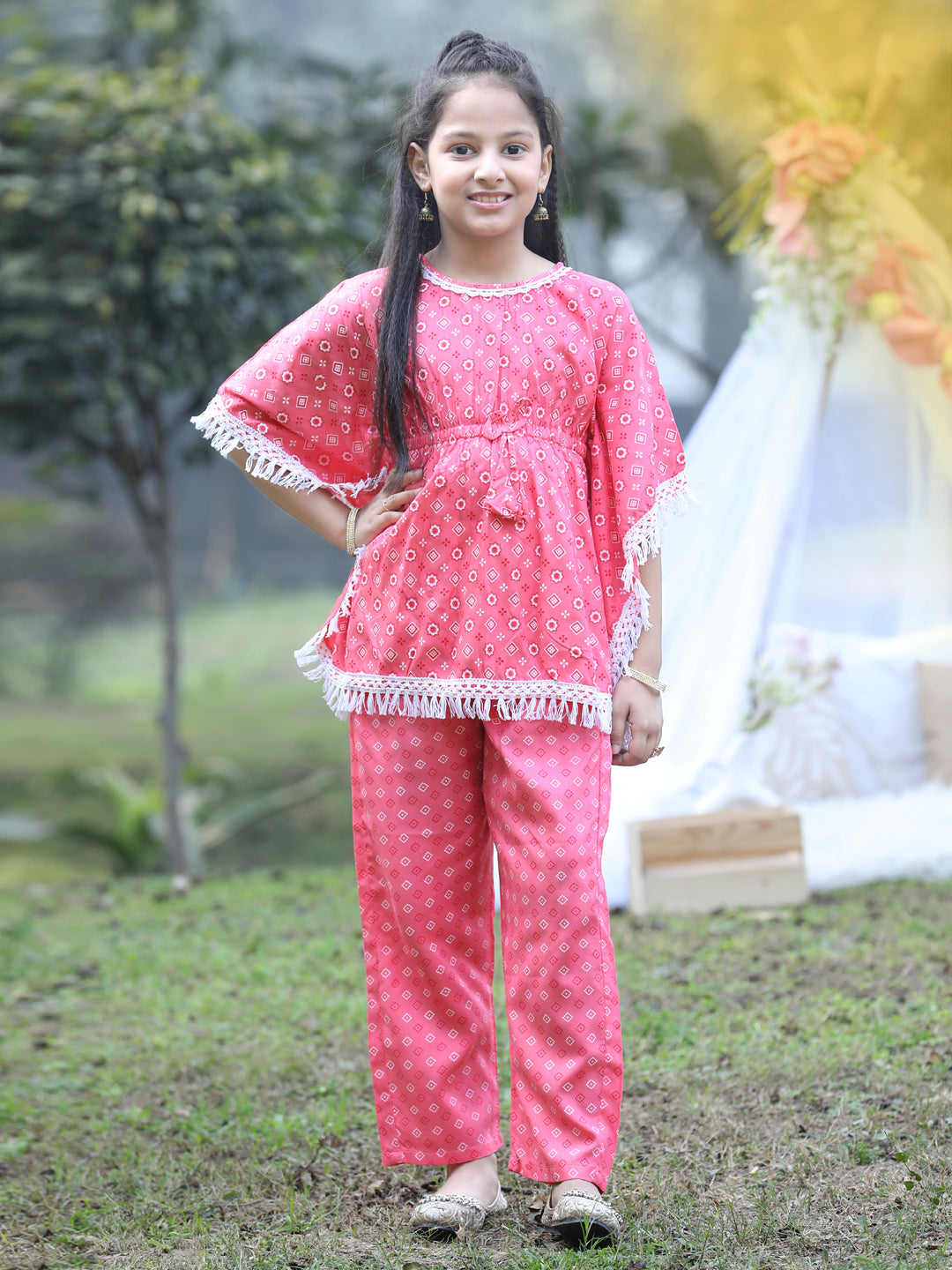 Cutiekins Round Neck Printed Rayon Kurta & Palazzo Set -Pink & White