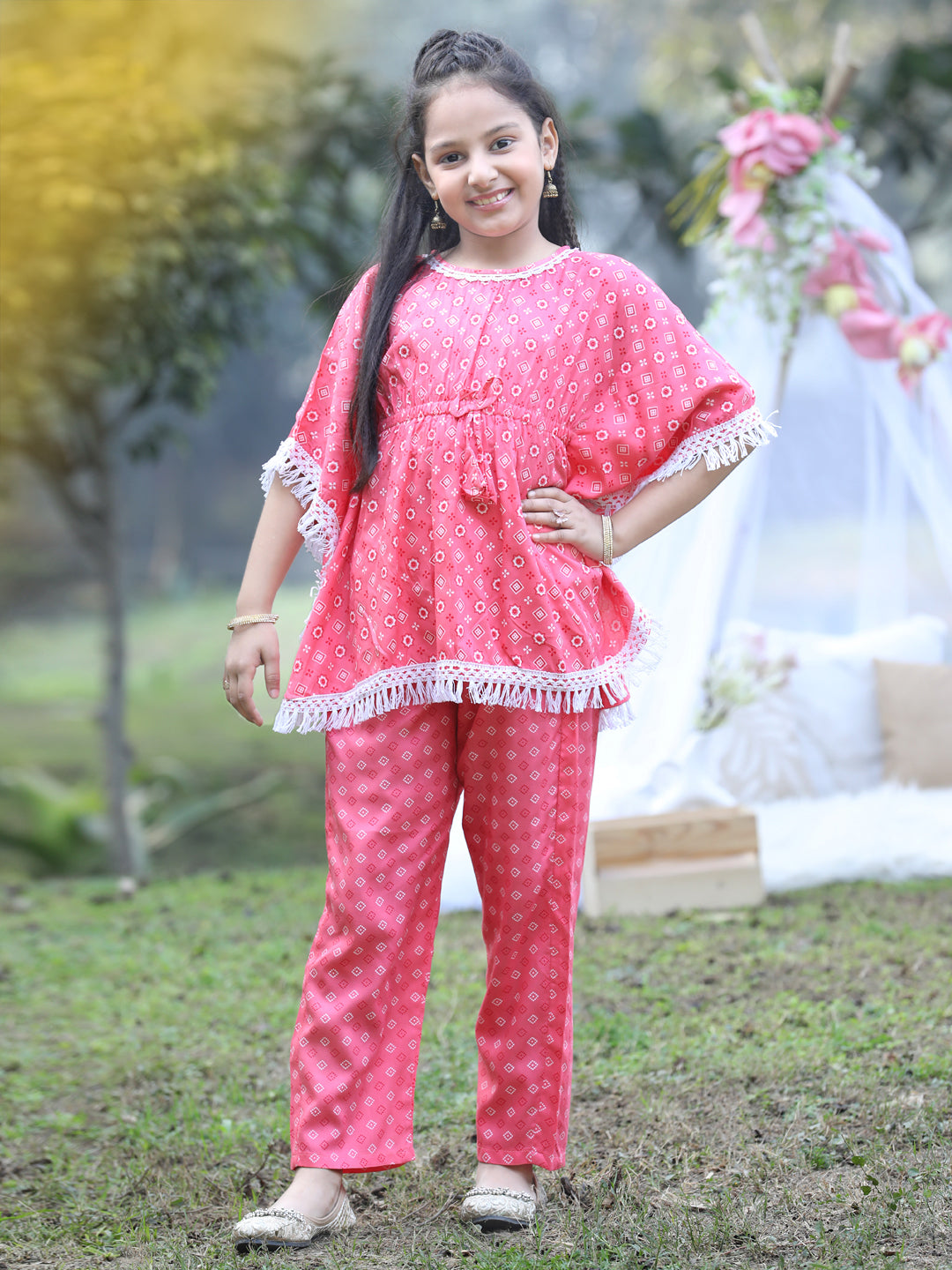 Cutiekins Round Neck Printed Rayon Kurta & Palazzo Set -Pink & White