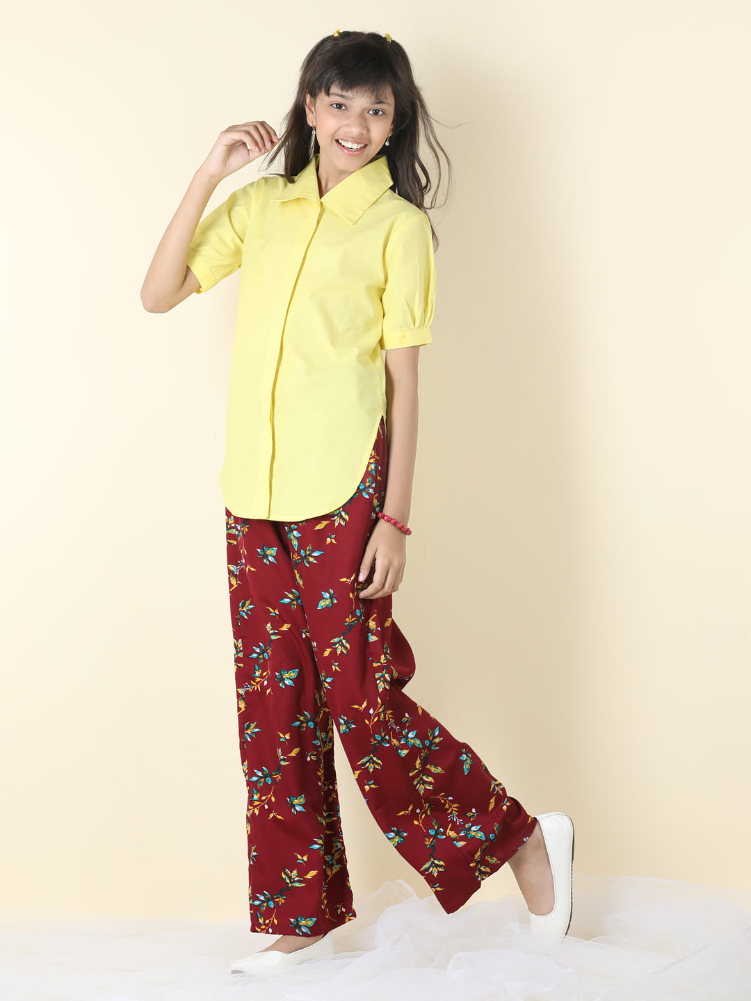 Cutiekins Girls Shirt Style Solid Top With Printed Palazzo -Lemon & Maroon