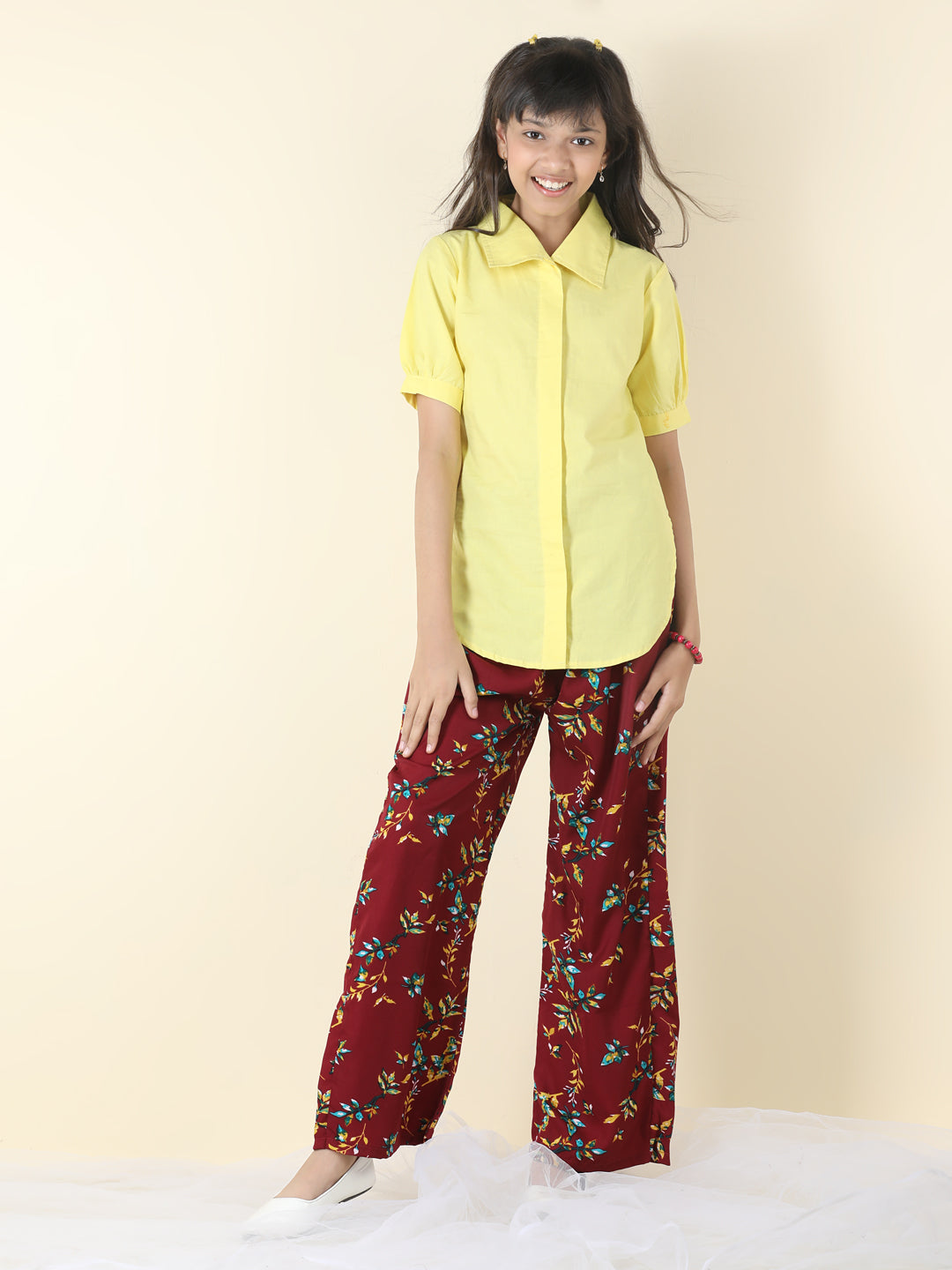 Cutiekins Girls Shirt Style Solid Top With Printed Palazzo -Lemon & Maroon