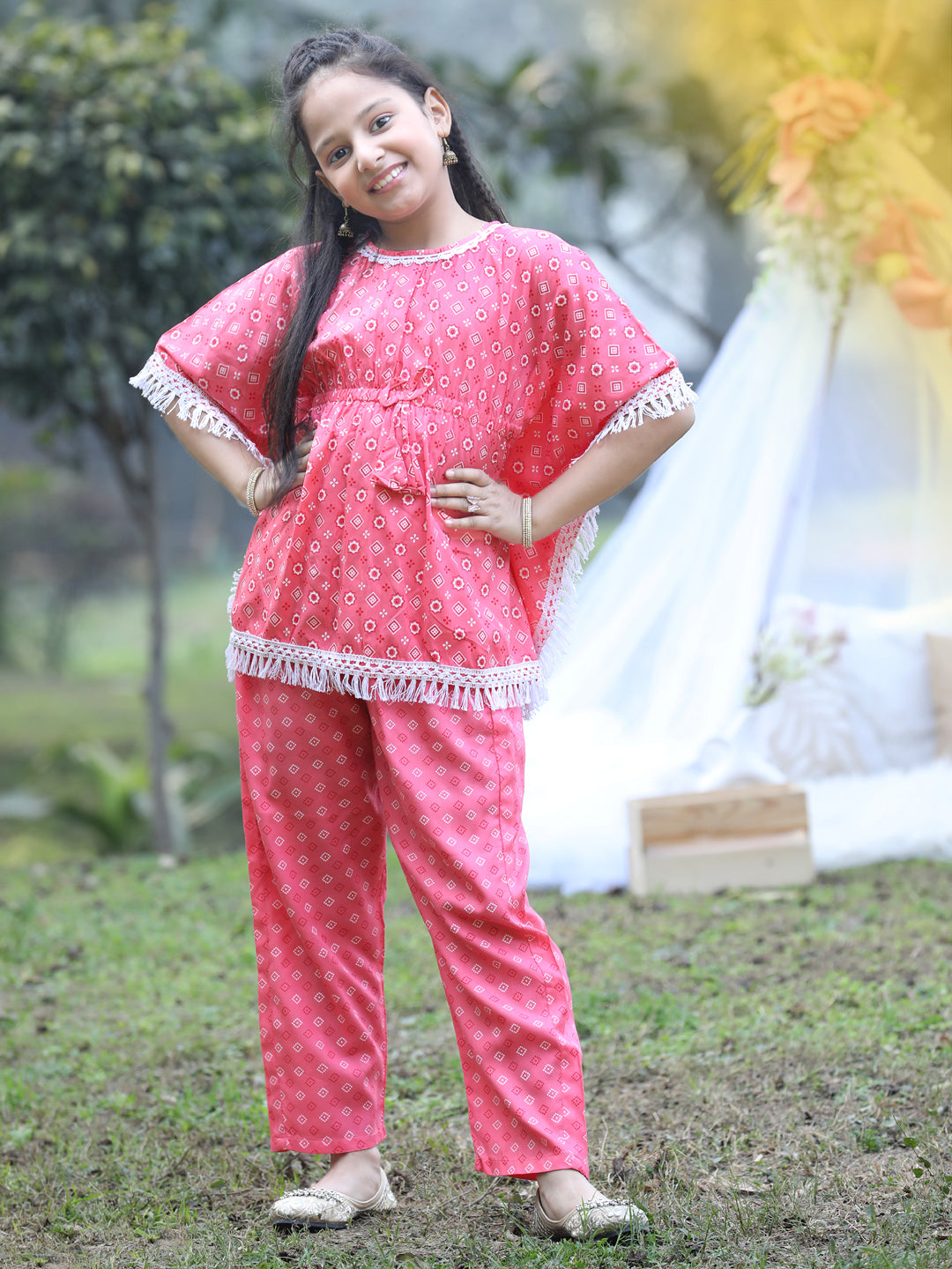 Cutiekins Round Neck Printed Rayon Kurta & Palazzo Set -Pink & White