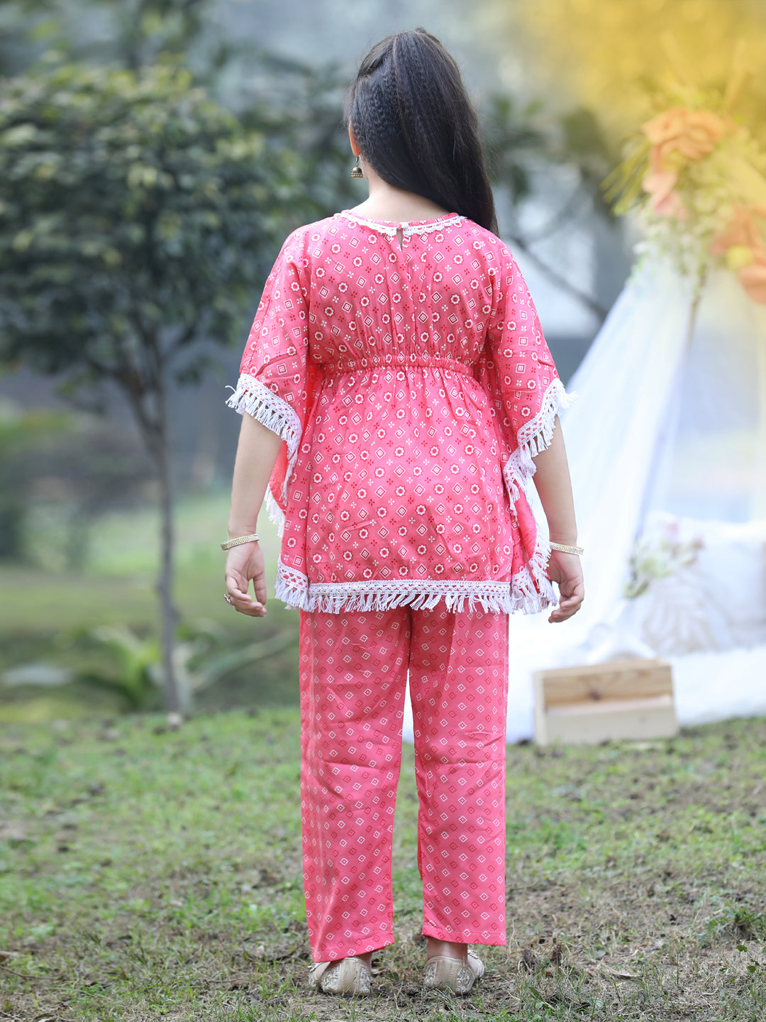 Cutiekins Round Neck Printed Rayon Kurta & Palazzo Set -Pink & White