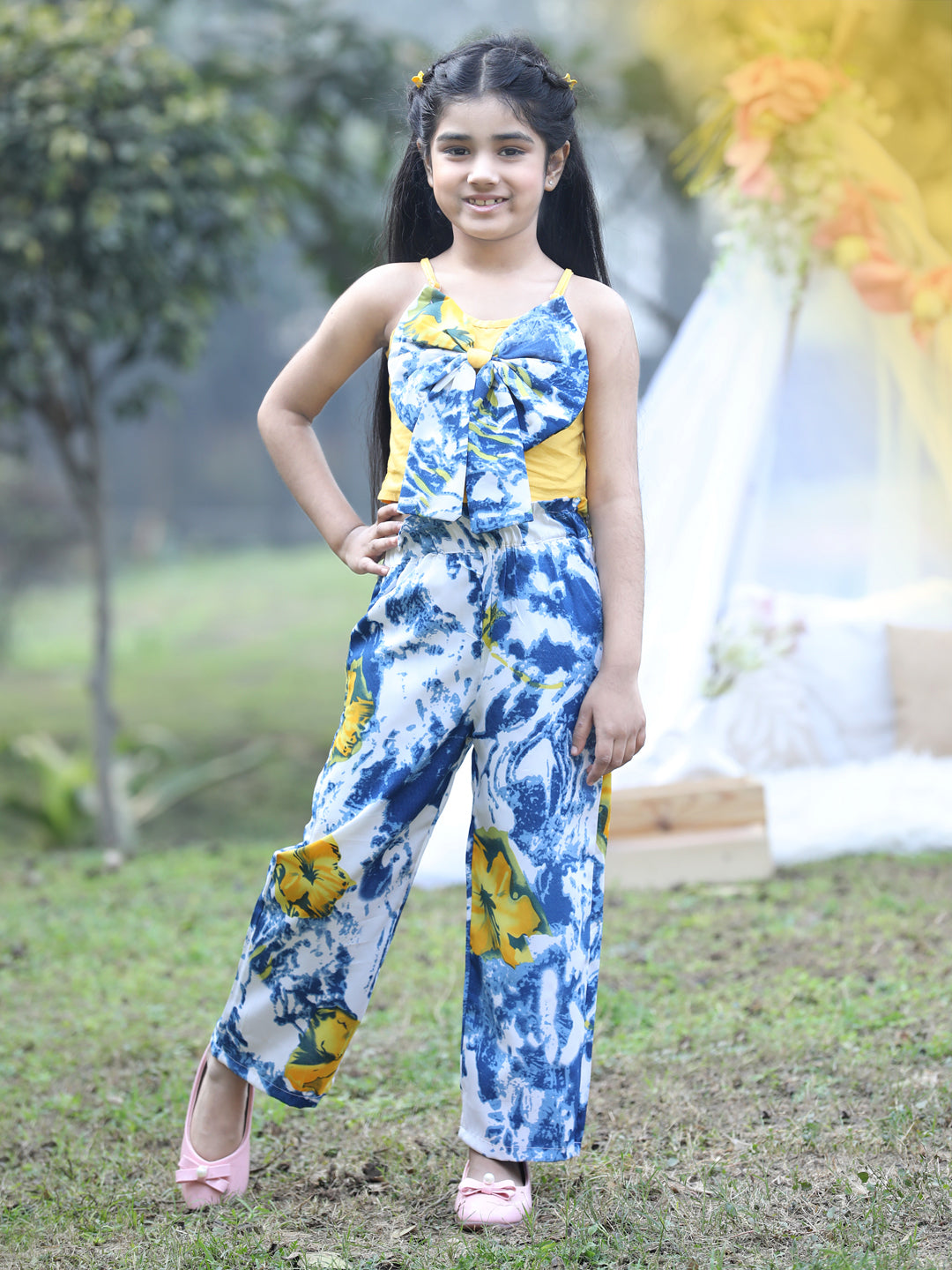 Cutiekins Shoulder Straps Printed Crop Top & Trousers Set -Yellow & Blue