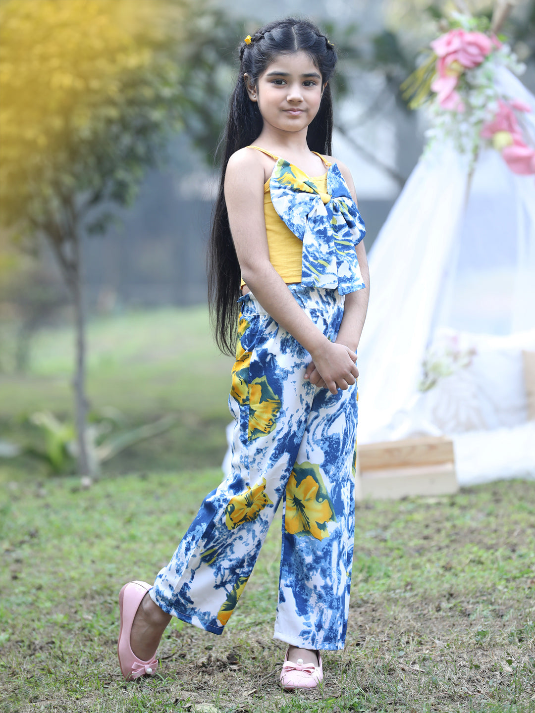 Cutiekins Shoulder Straps Printed Crop Top & Trousers Set -Yellow & Blue