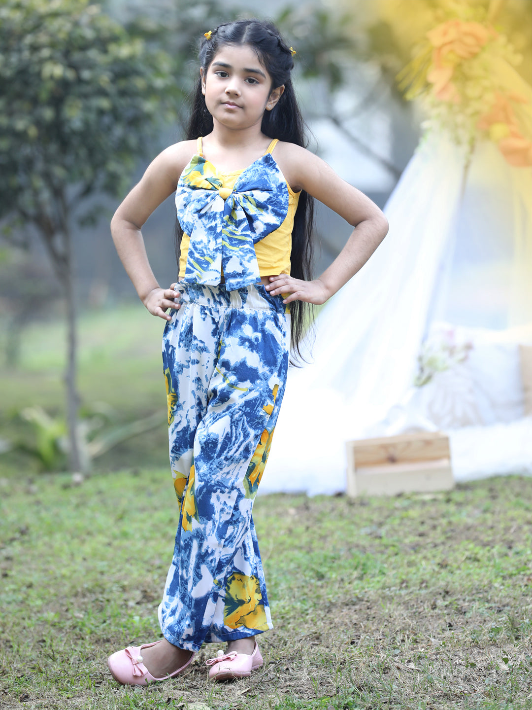 Cutiekins Shoulder Straps Printed Crop Top & Trousers Set -Yellow & Blue