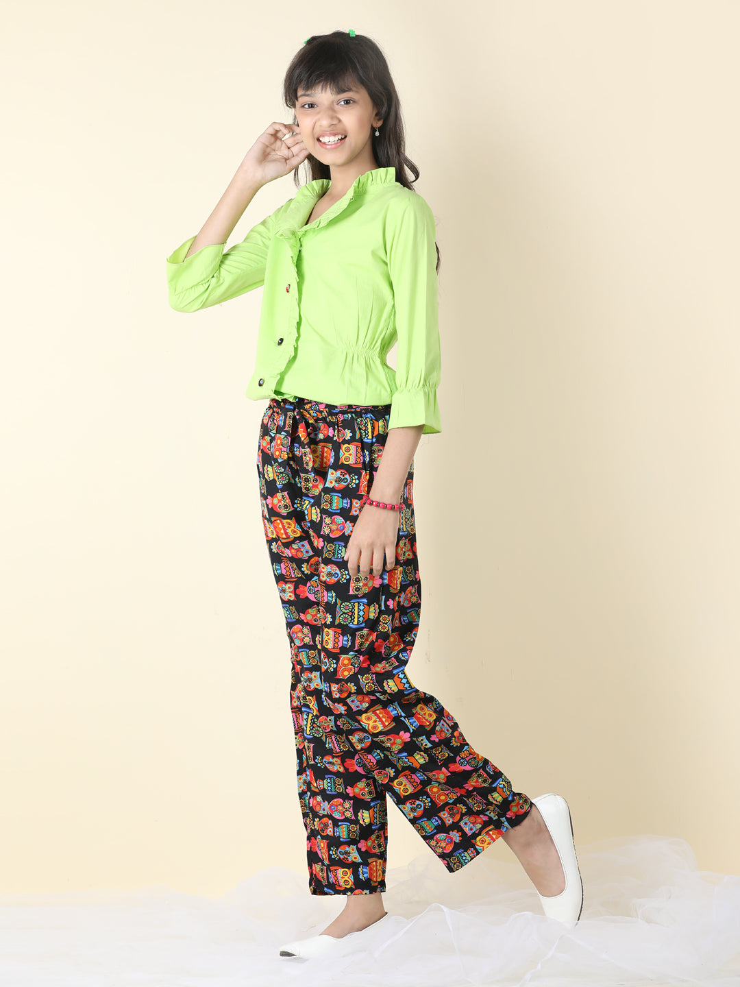Cutiekins Girls Shirt Style Solid Top With Printed Palazzo -Grass Green & Multi