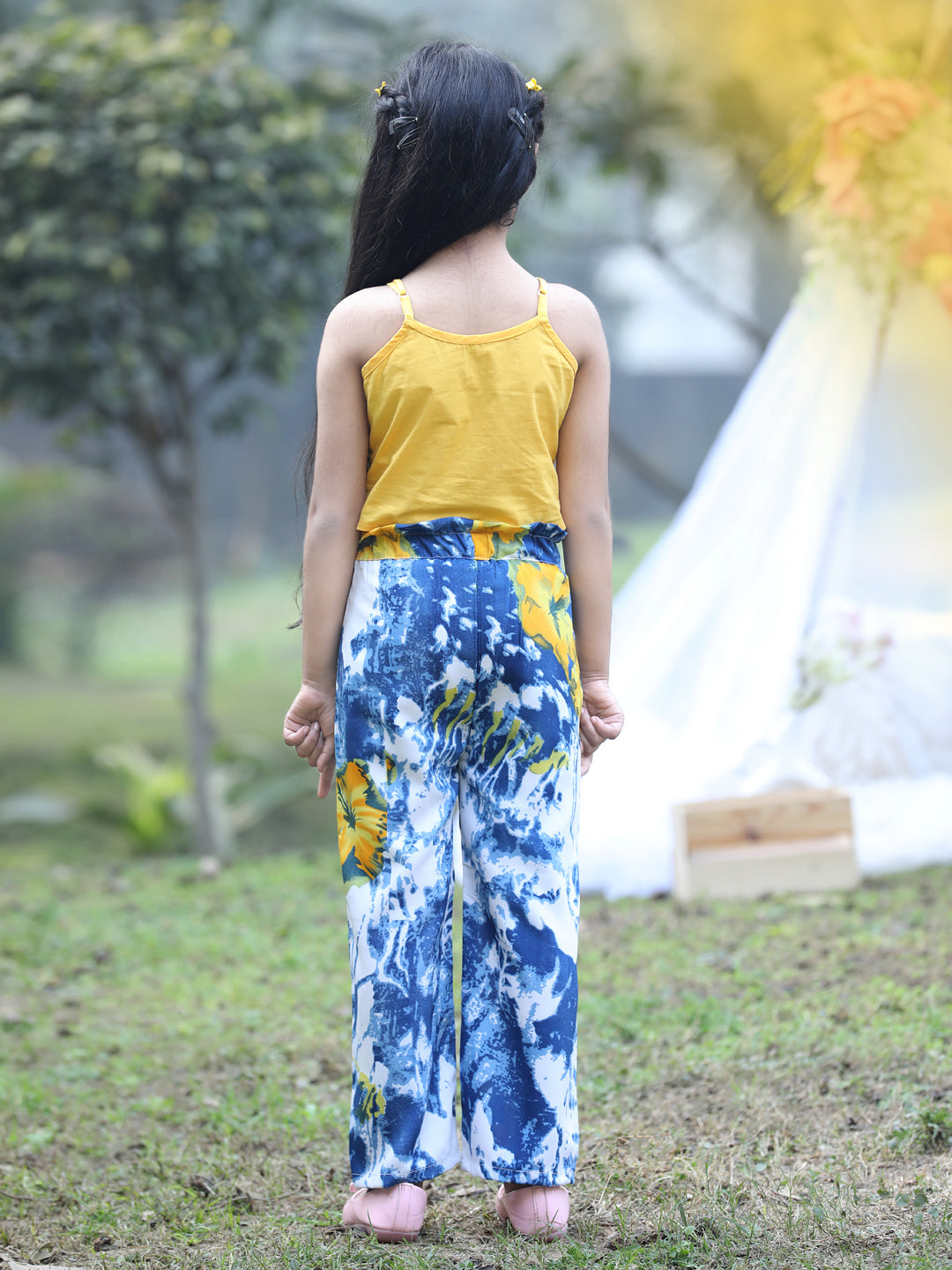 Cutiekins Shoulder Straps Printed Crop Top & Trousers Set -Yellow & Blue