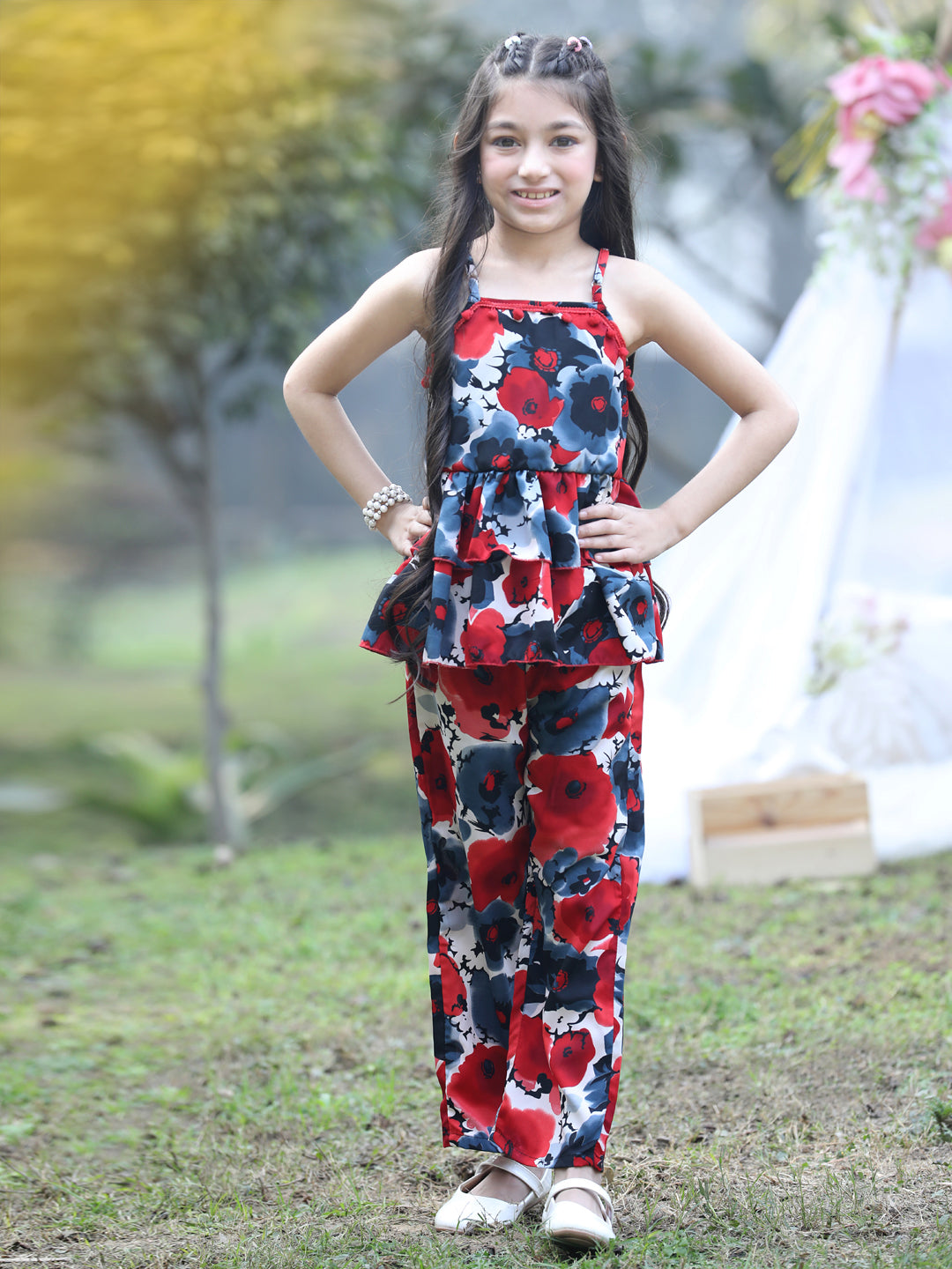 Cutiekins Shoulder Straps Printed Regular Top & Trousers Set -Red & Black