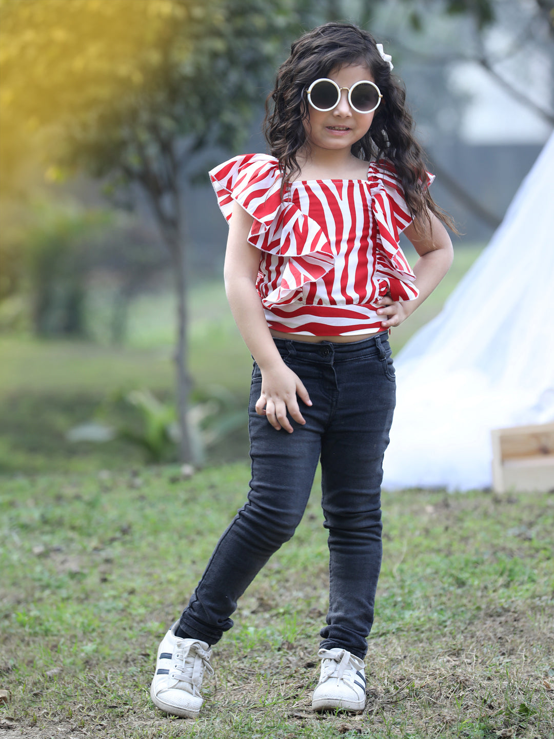 Cutiekins Square Neck Printed Crop Top- Red & White