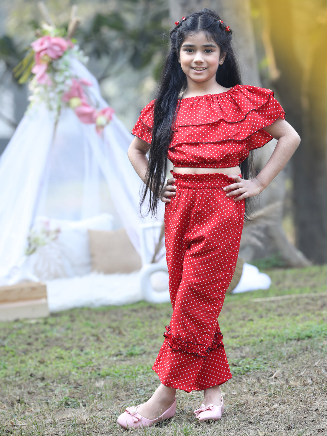 Cutiekins Off-Shoulder Printed Crop Top & Trousers Set -Red & White