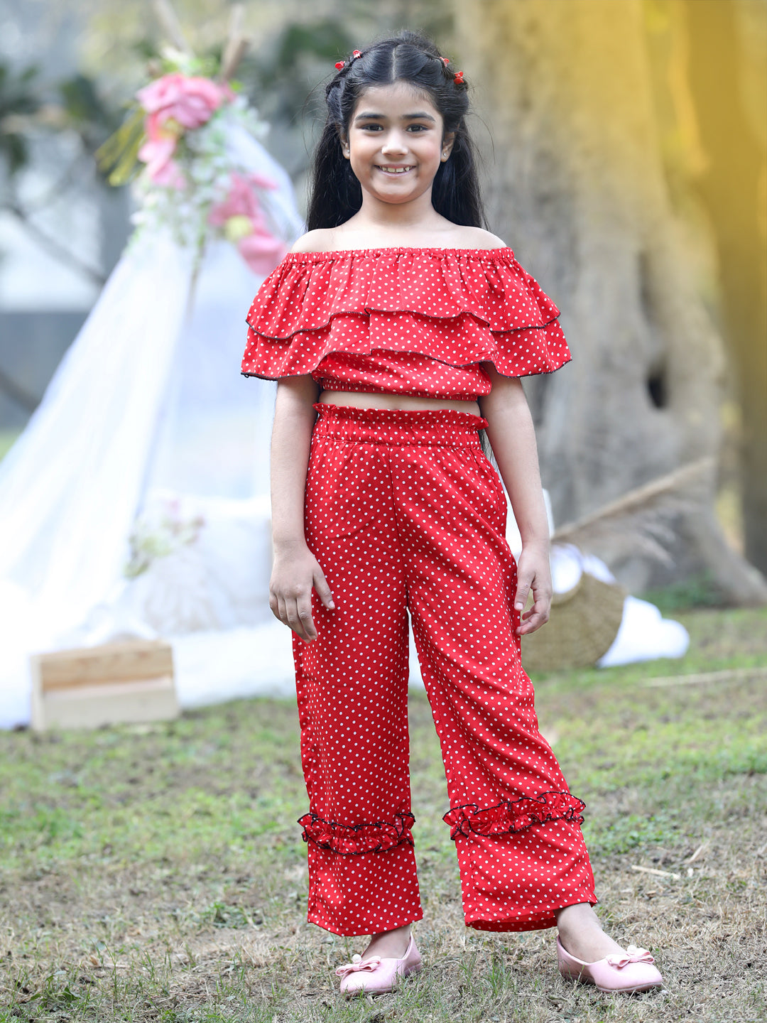 Cutiekins Off-Shoulder Printed Crop Top & Trousers Set -Red & White