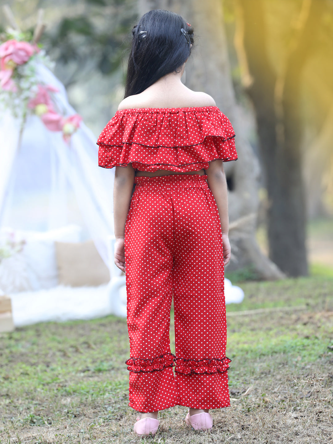 Cutiekins Off-Shoulder Printed Crop Top & Trousers Set -Red & White
