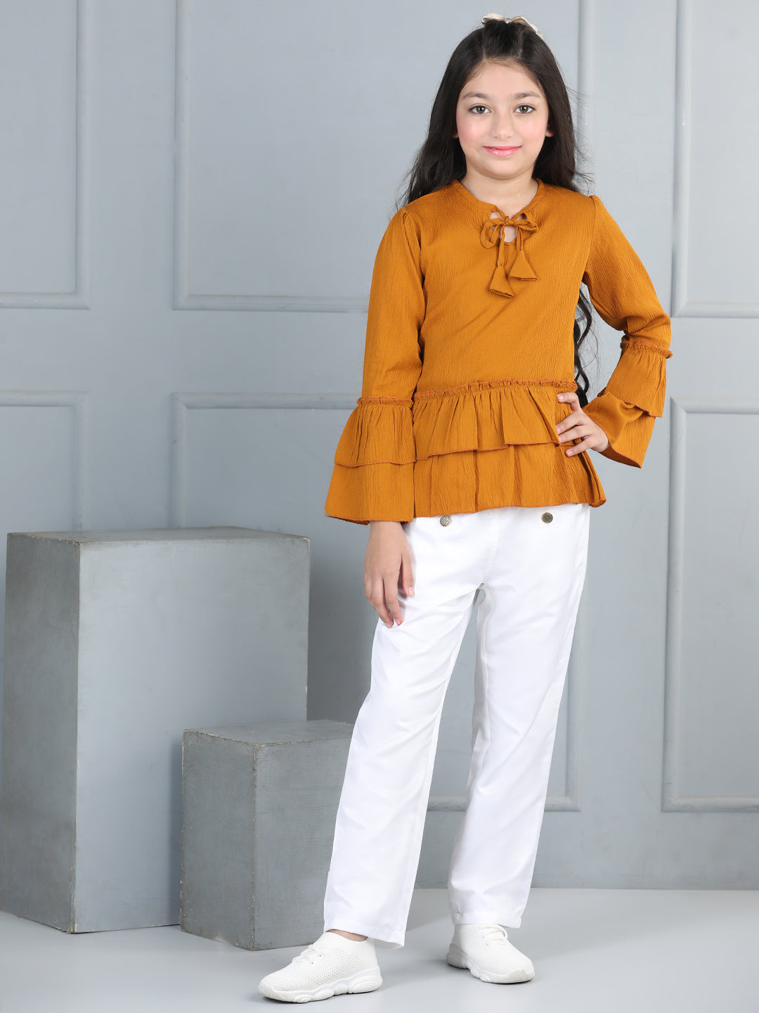 Cutiekins Girls Solid Tie-up Top With Solid Trouser -Mustard & White